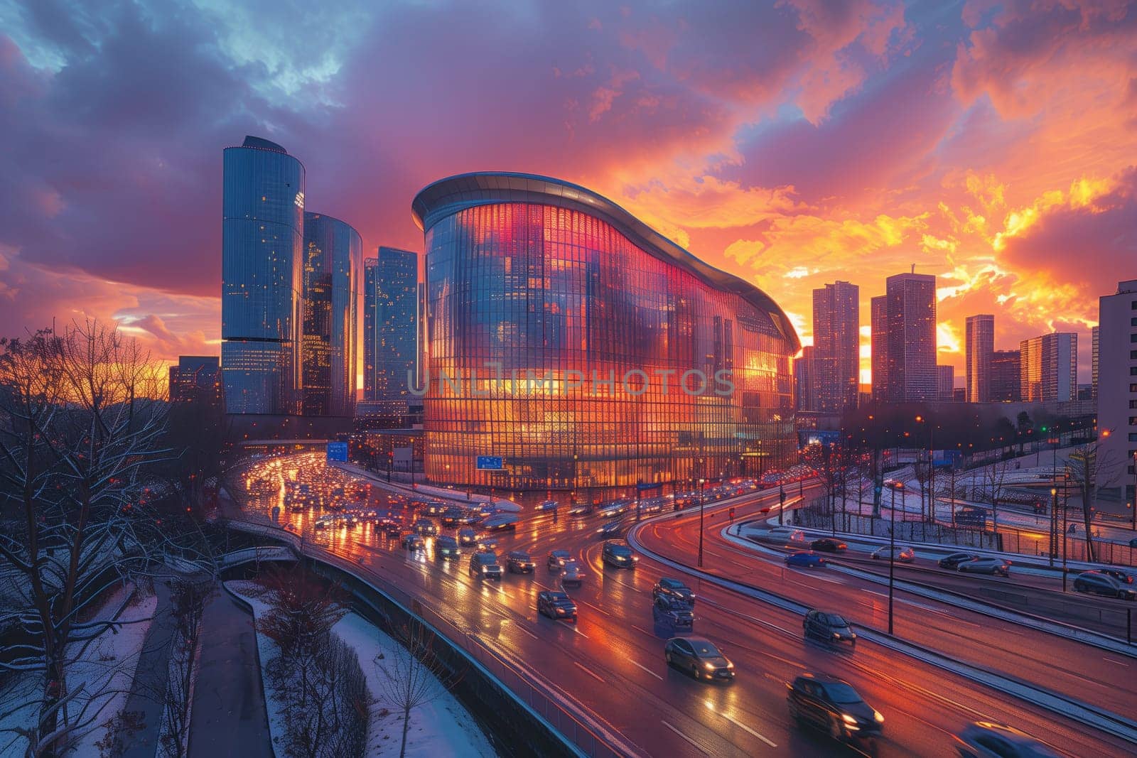 A breathtaking aerial view of a city at sunset, with a stadium in the foreground, surrounded by skyscrapers and tower blocks against the colorful sky and clouds in the atmosphere