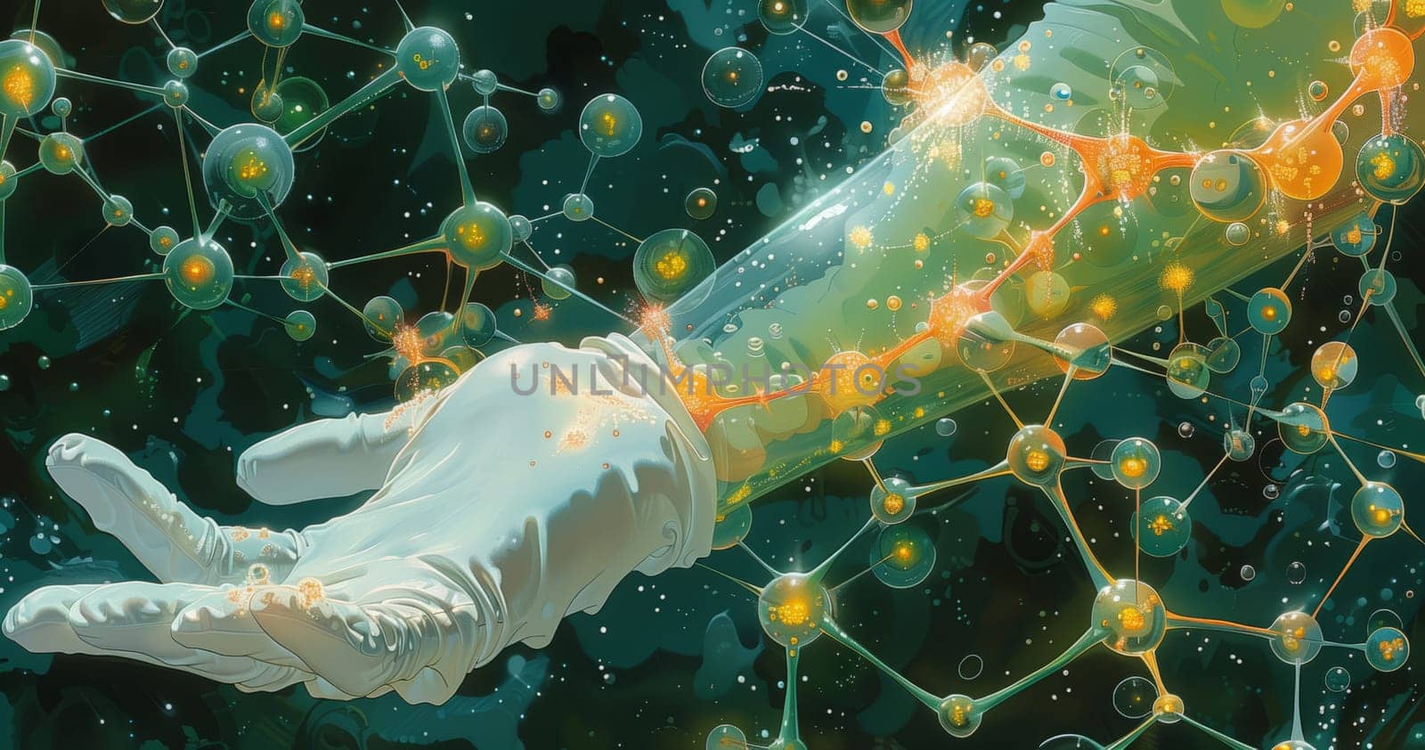 An art piece depicting a hand reaching out towards a molecule in space, combining elements of science, marine biology, and wildlife in a surreal landscape