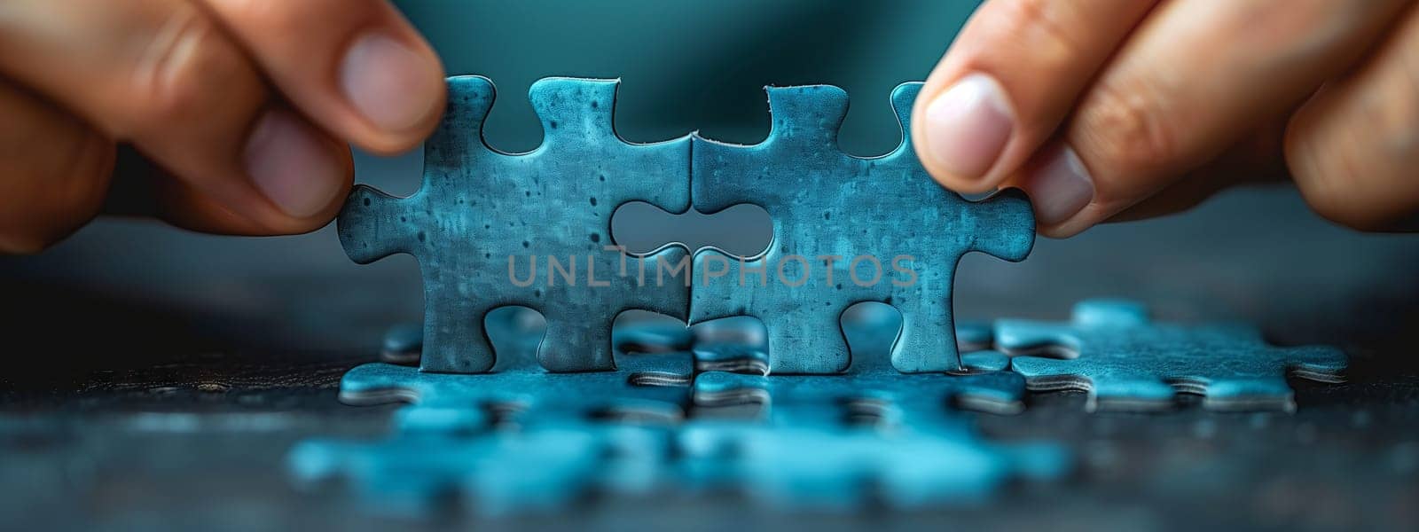 The person is holding a piece of the puzzle between their thumb and finger, contemplating the art and science of engineering represented in the electric blue font