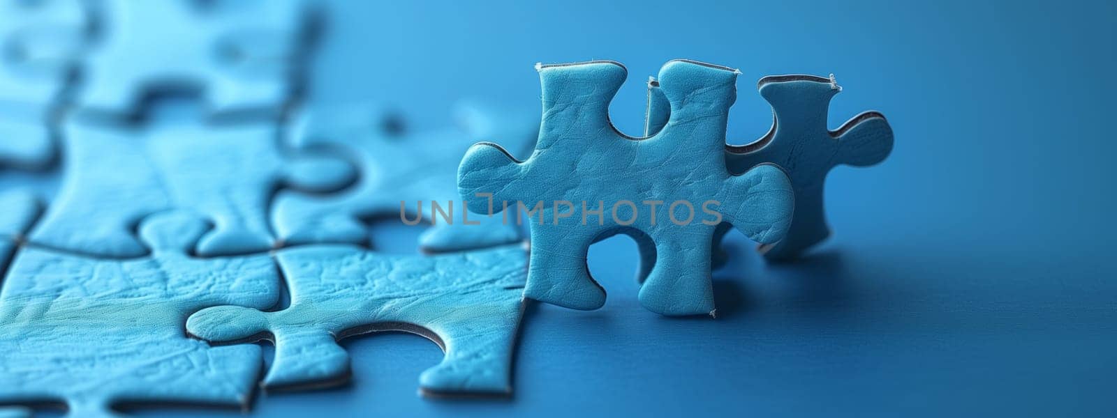 A closeup of an azure puzzle on a waterlike surface, with electric blue hues creating a liquidlike effect. The puzzle is a symbol of art and creativity