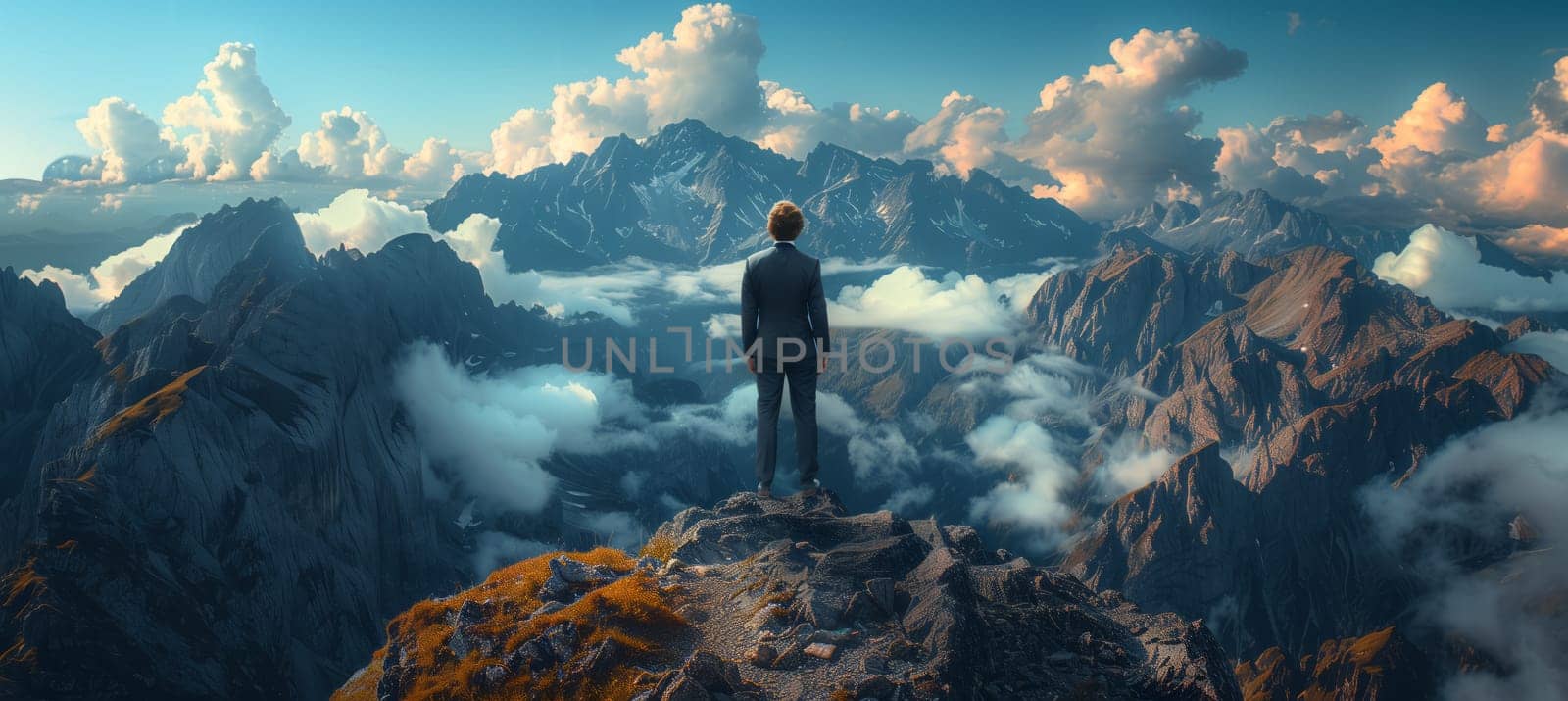 A man is gazing at the clouds while standing on a mountain peak, surrounded by the natural beauty of the landscape including water, sky, and mountain ranges