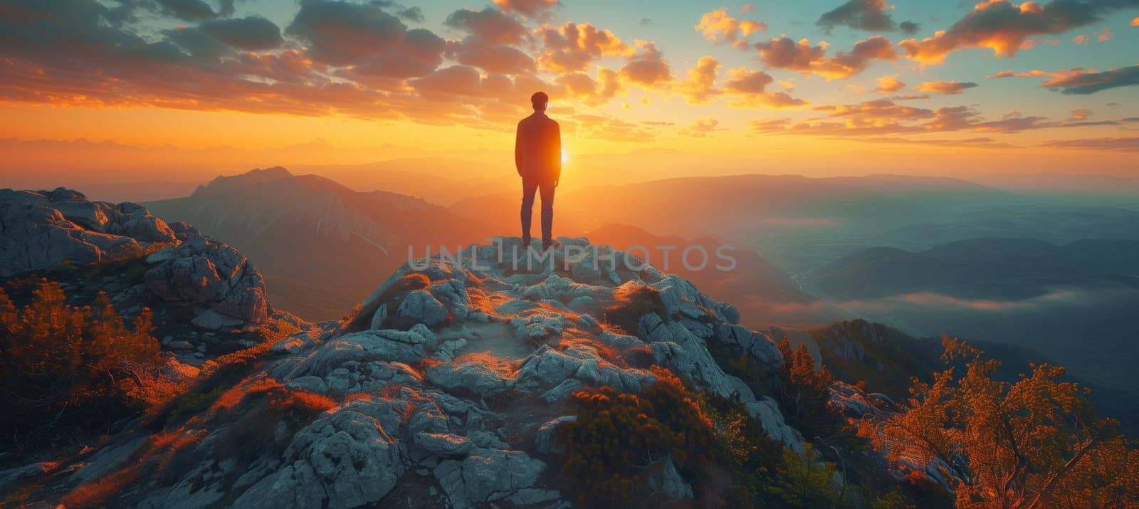 A man stands at the summit of a mountain, witnessing the sunset over a breathtaking natural landscape. The sky is painted with clouds as dusk approaches