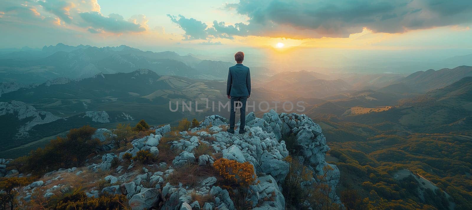 A man stands on a hilltop, gazing at the sunset over the natural landscape with colorful clouds in the sky, creating a picturesque atmosphere