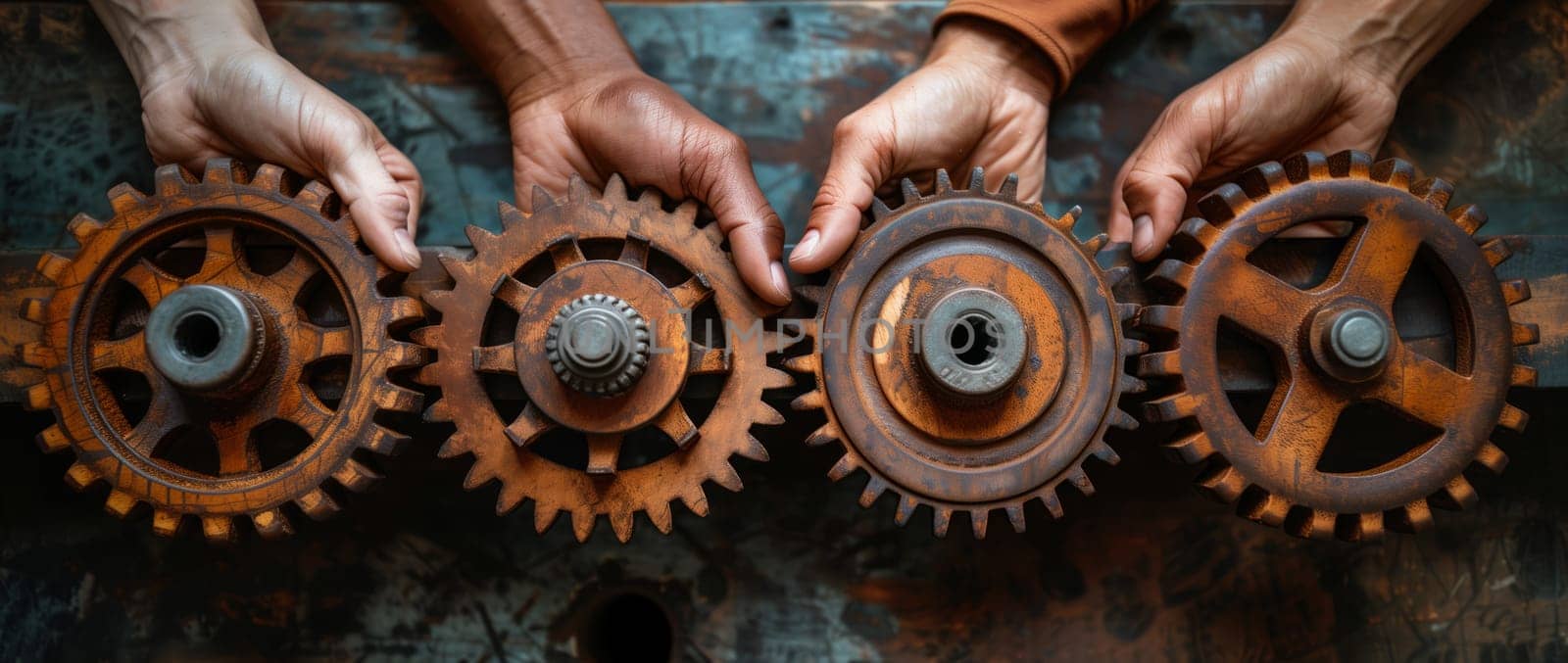 The person is holding a row of rusty gears, which are components used in automotive tire, rim, and wheel systems. Gears are also found in bicycles, machines, and other engineering applications