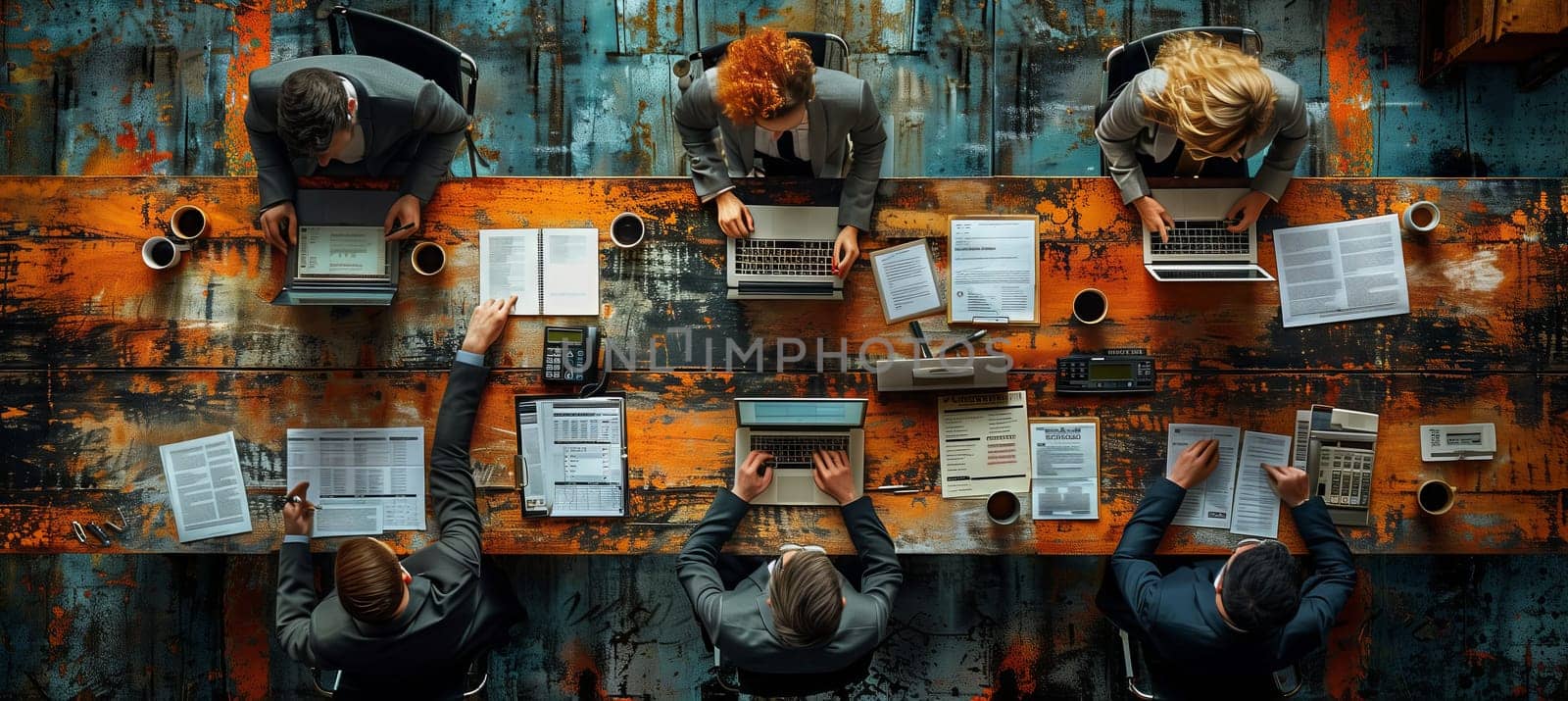 Group of individuals gathered around table with laptops and papers by richwolf