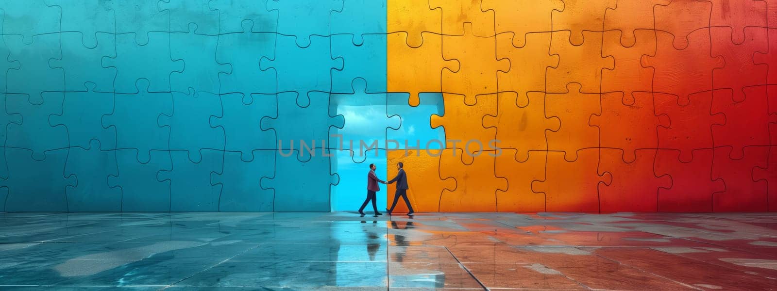 Two individuals are admiring a rectangular puzzle wall made of wood and brick. The art on it is painted in electric blue, creating a symmetrical pattern with various tints and shades