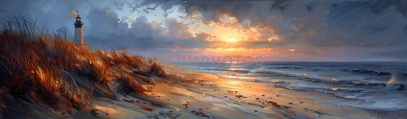 A stunning art piece depicting a natural landscape of a beach with a sunset in the background, featuring cumulus clouds, calm water, and a colorful sky