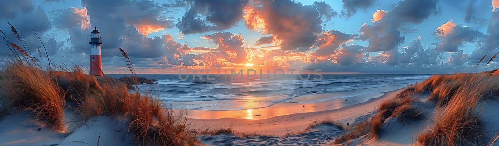 a painting of a sunset over the ocean with a lighthouse in the distance by richwolf