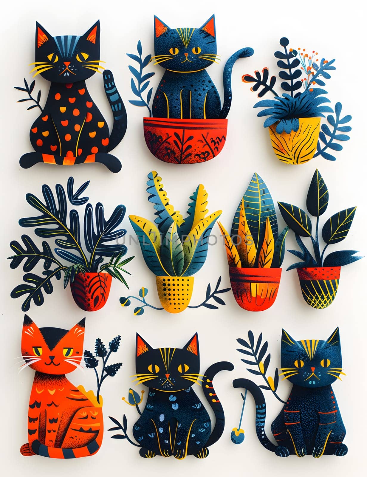 Felidae cats and potted plants painted on white canvas by Nadtochiy