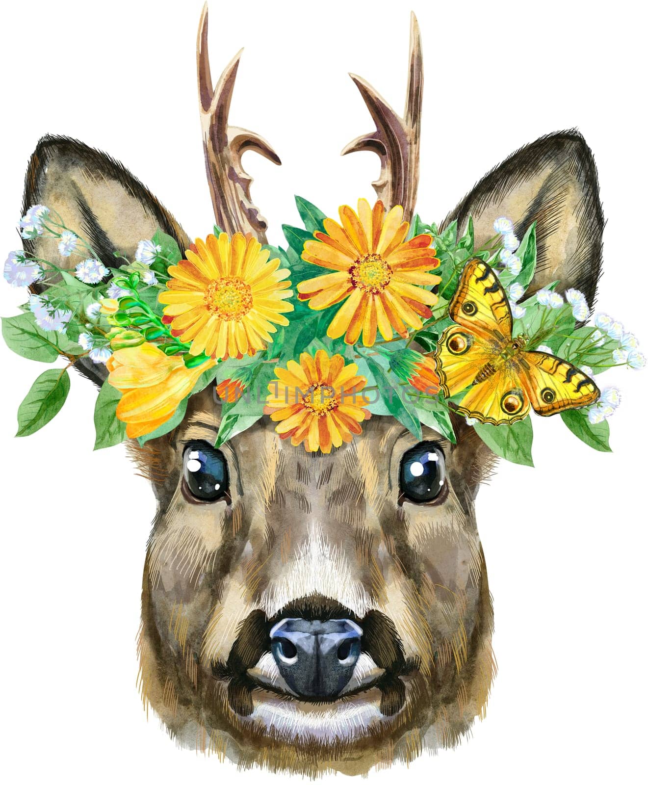 Watercolor drawing of the animal - roe deer in a wreath of flowers, sketch