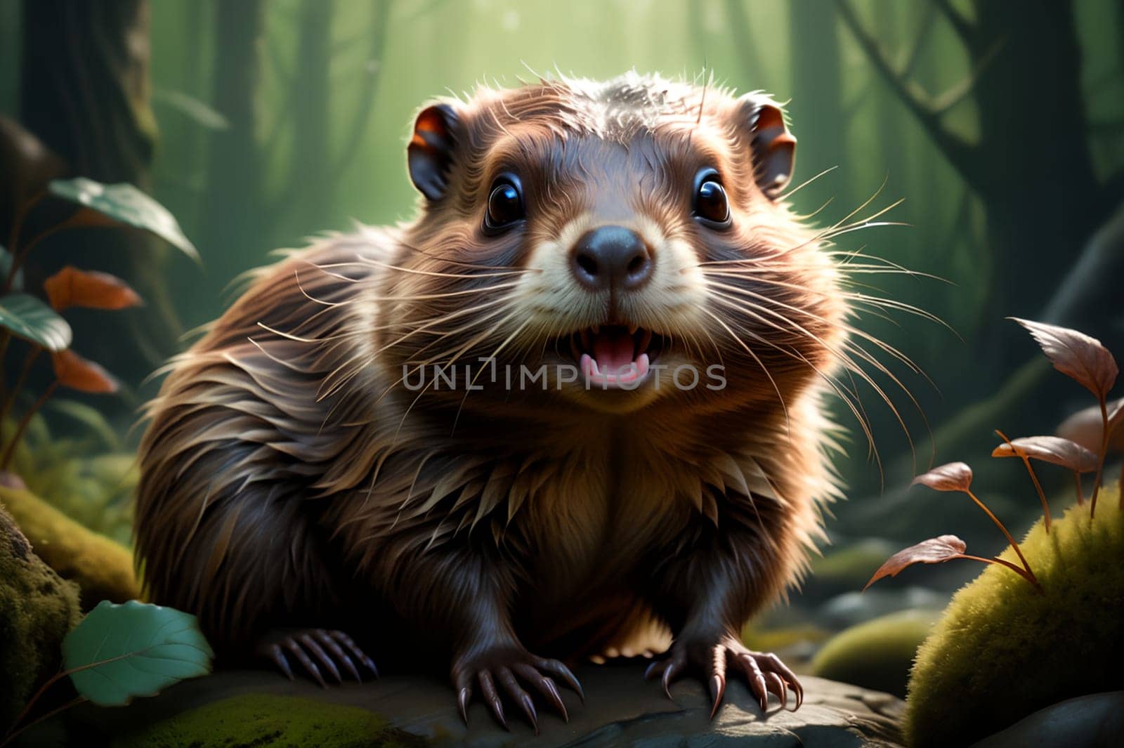 Cute beaver in the habitat. AI generated image.