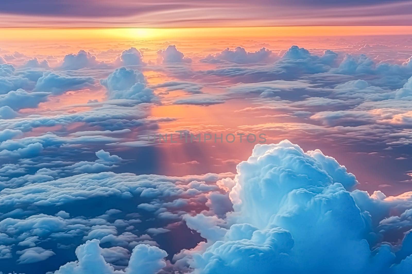 The sky is painted with an array of clouds as the sun begins its descent, casting warm hues across the horizon in a breathtaking sunset scene.