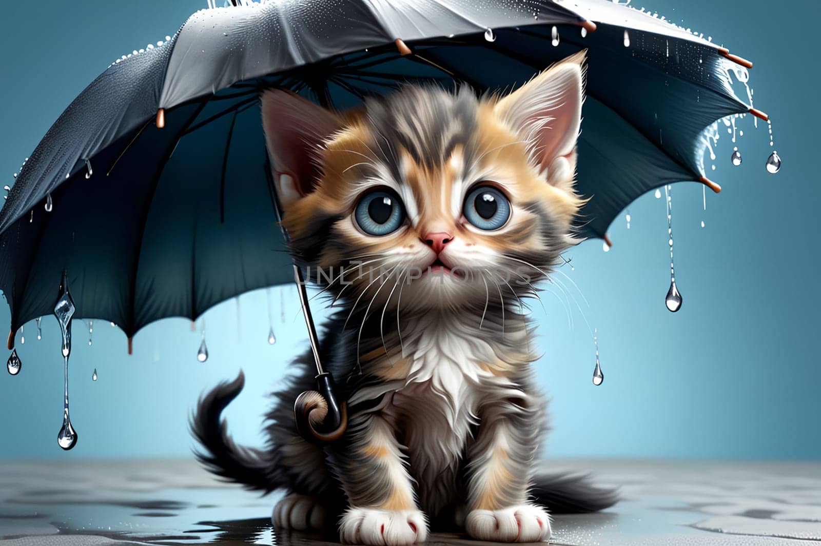kitten sits under an umbrella, it is raining, snowing. AI generated image.