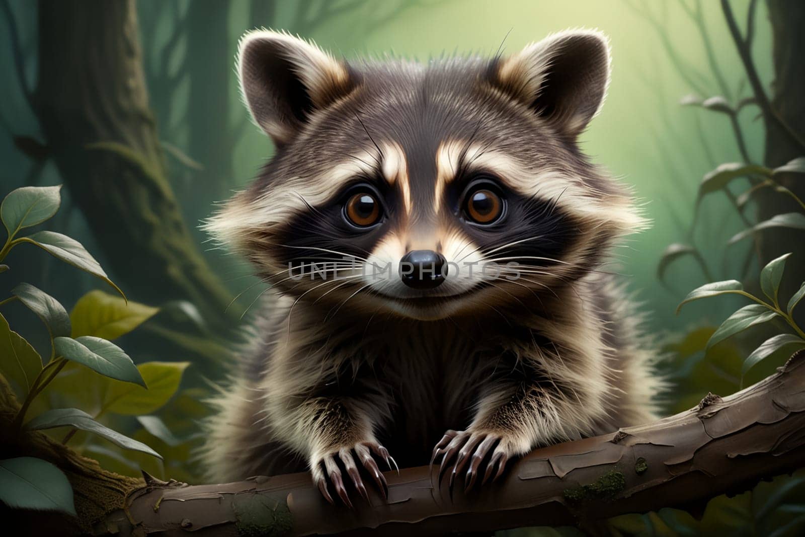 cute raccoon on green background. AI generated image.