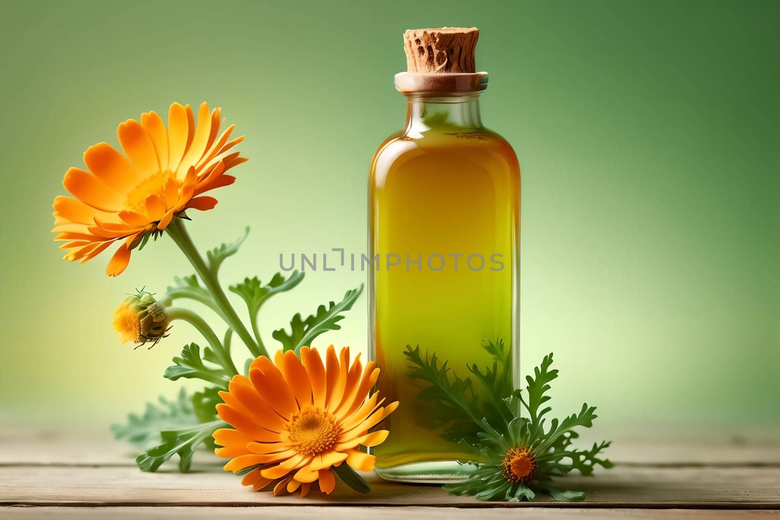 Calendula tincture in a glass bottle isolated on a green background