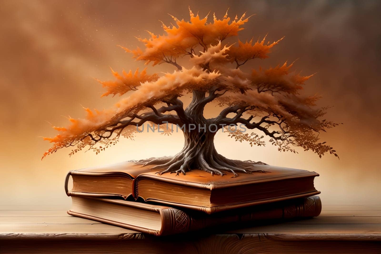 tree growing from a book, leather bound book, isolated on a brown background