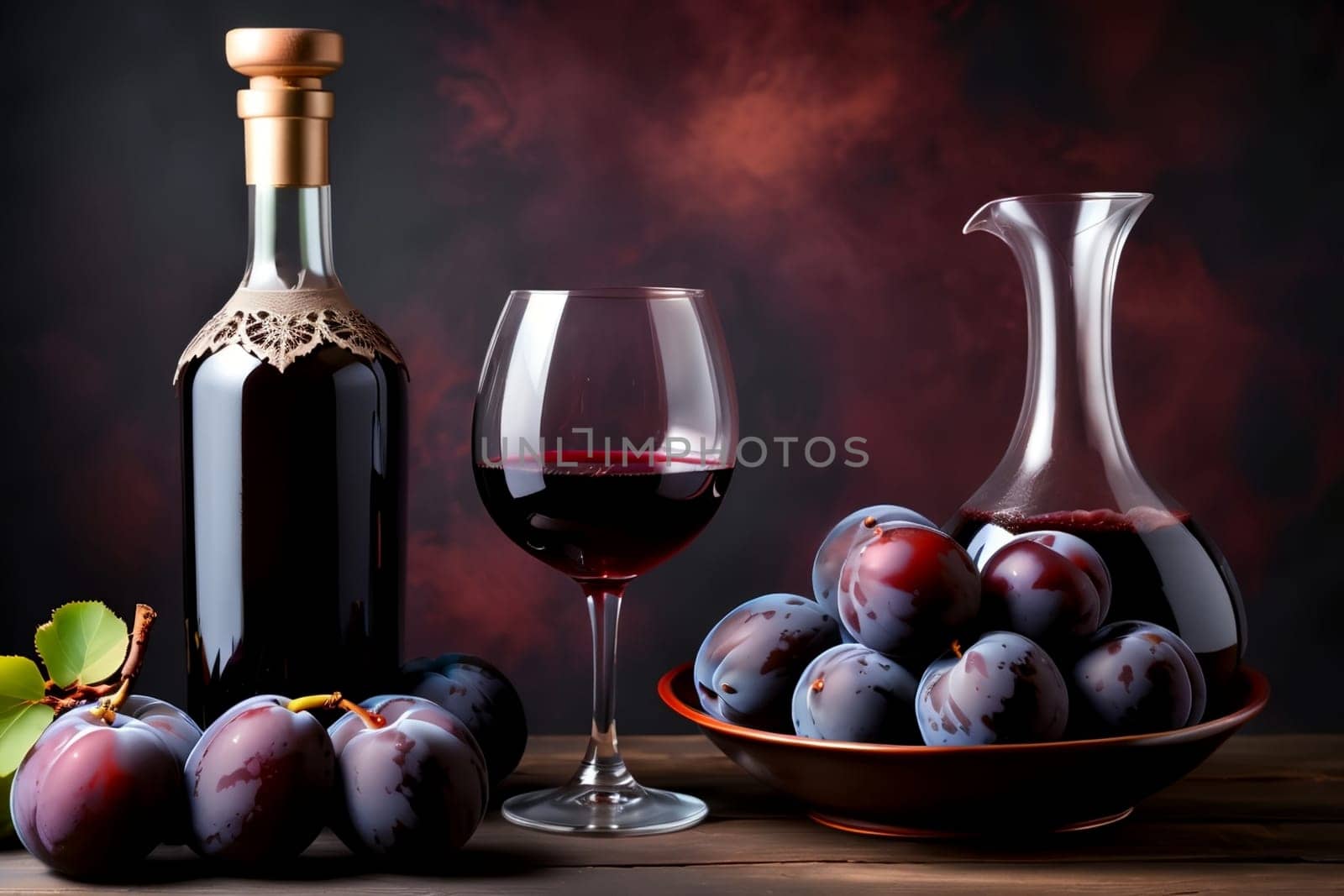 plum red wine in a glass and decanter against the background of ripe plums on the table.