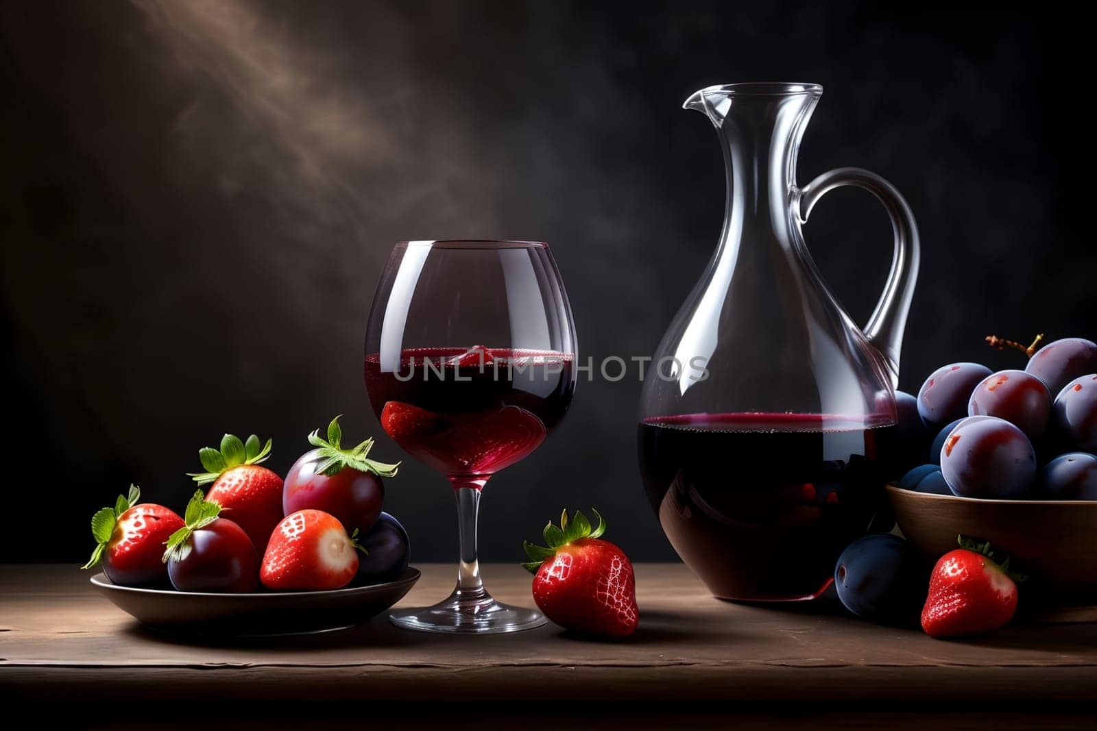 strawberry red wine in a glass and decanter against the background of ripe strawberries on the table.