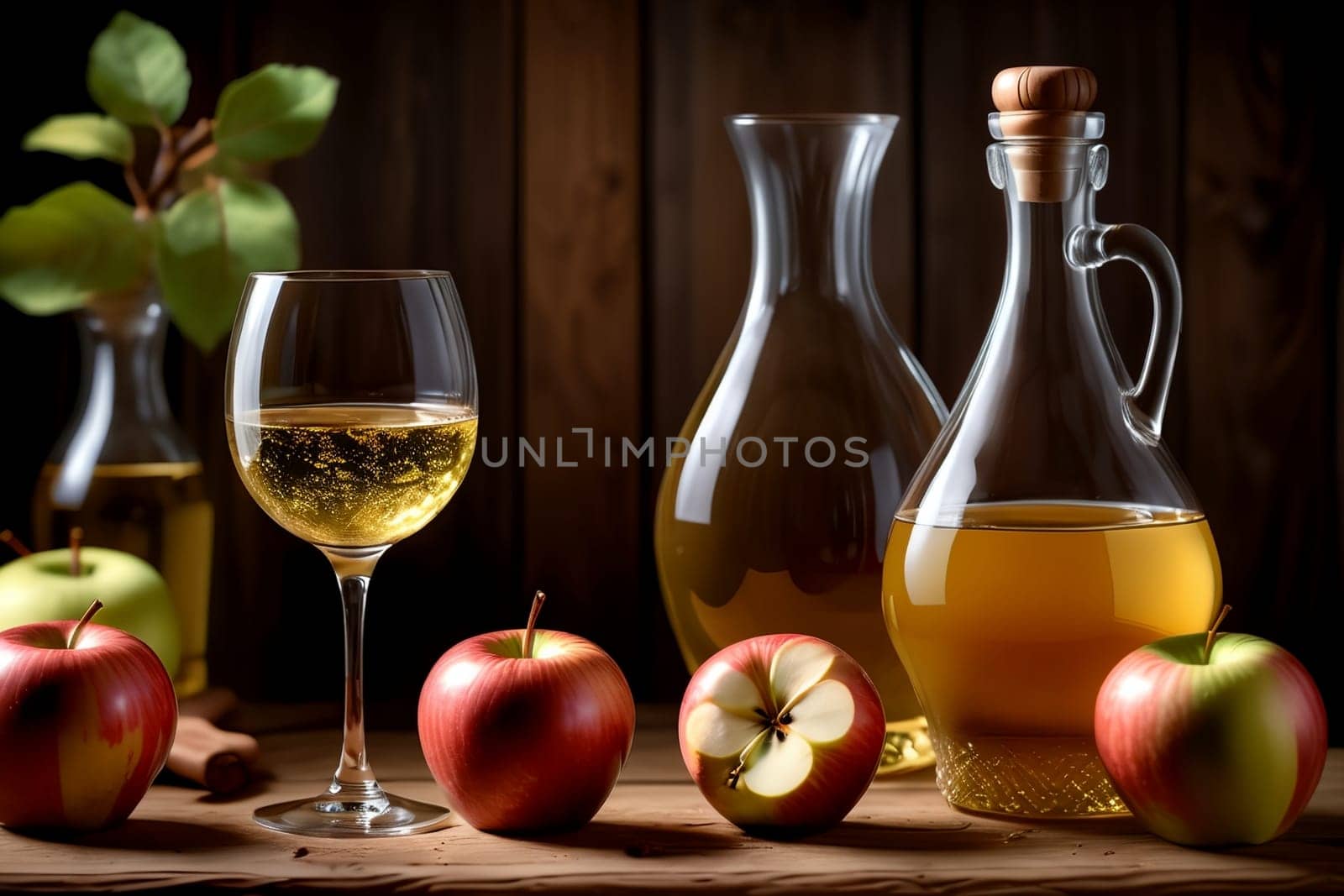 homemade apple wine in a glass and in a decanter on a background of green apples .
