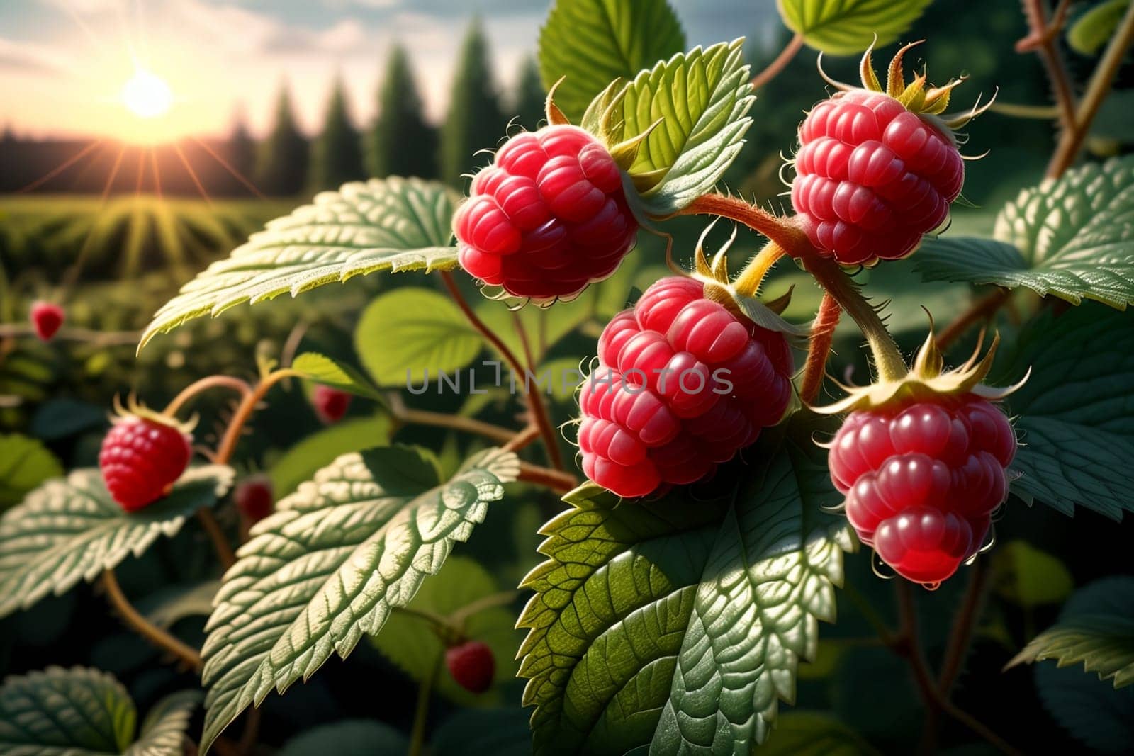 ripe red raspberries growing outdoors .