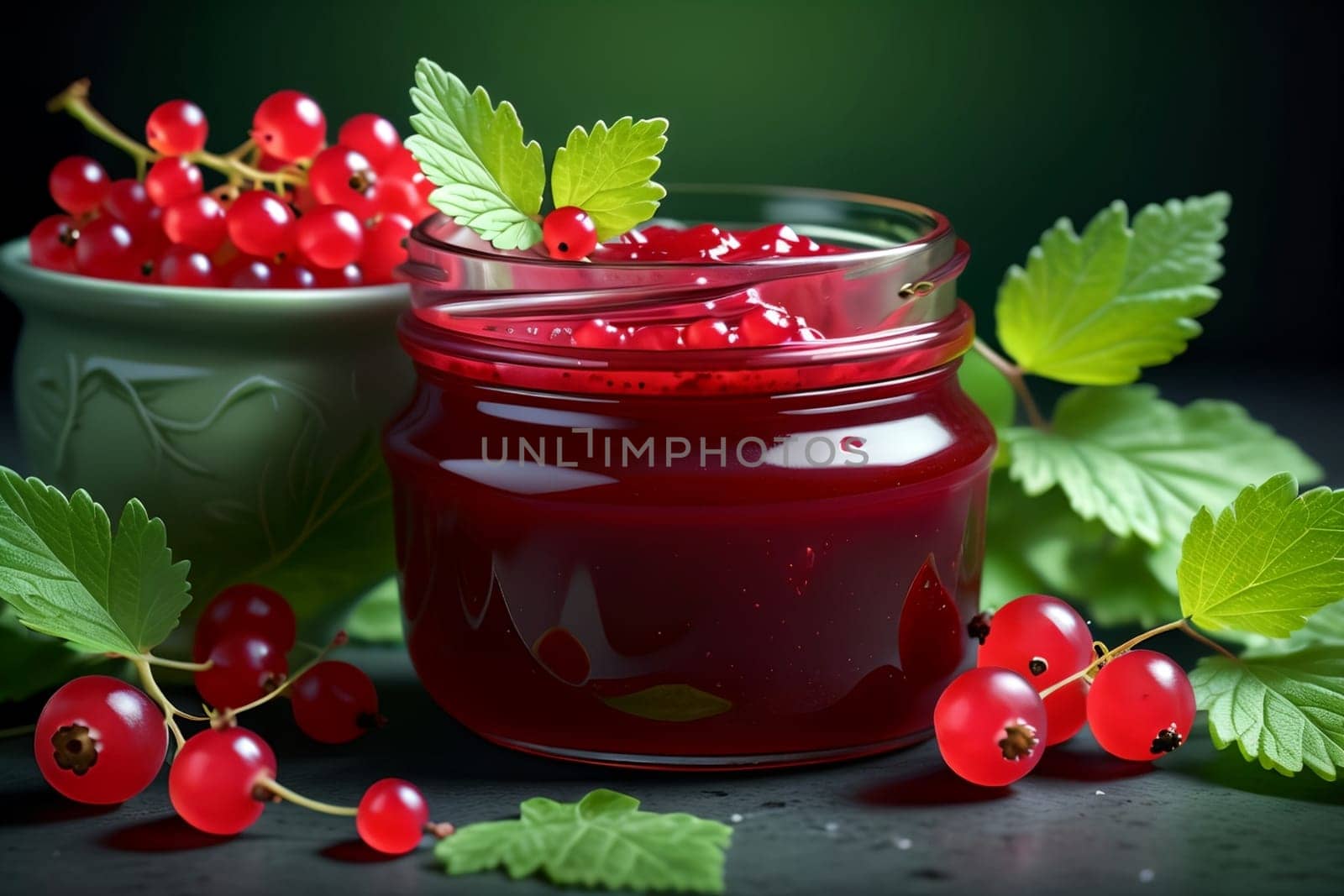 ripe red currant jam in a glass isolated on a green background .