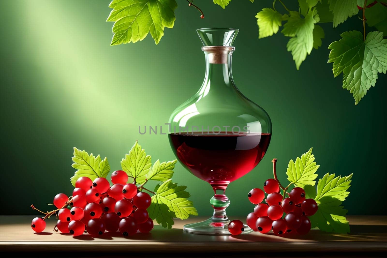 ripe red currant wine in a glass isolated on a green background .