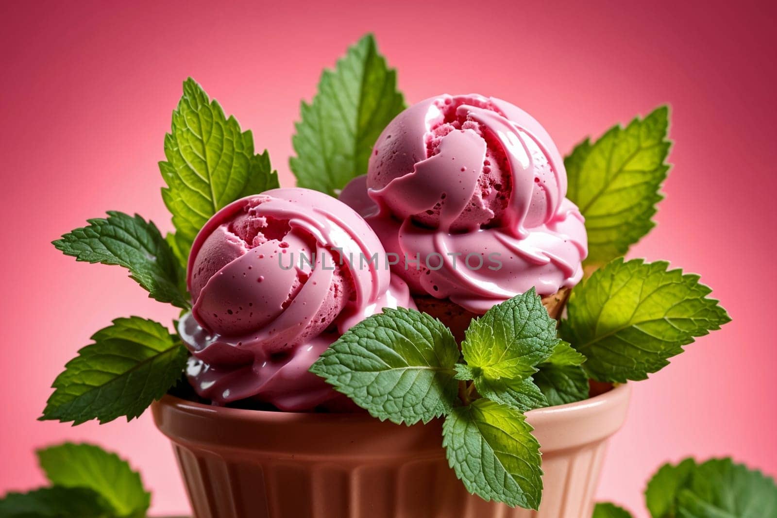 pink black currant ice cream isolated on red background .