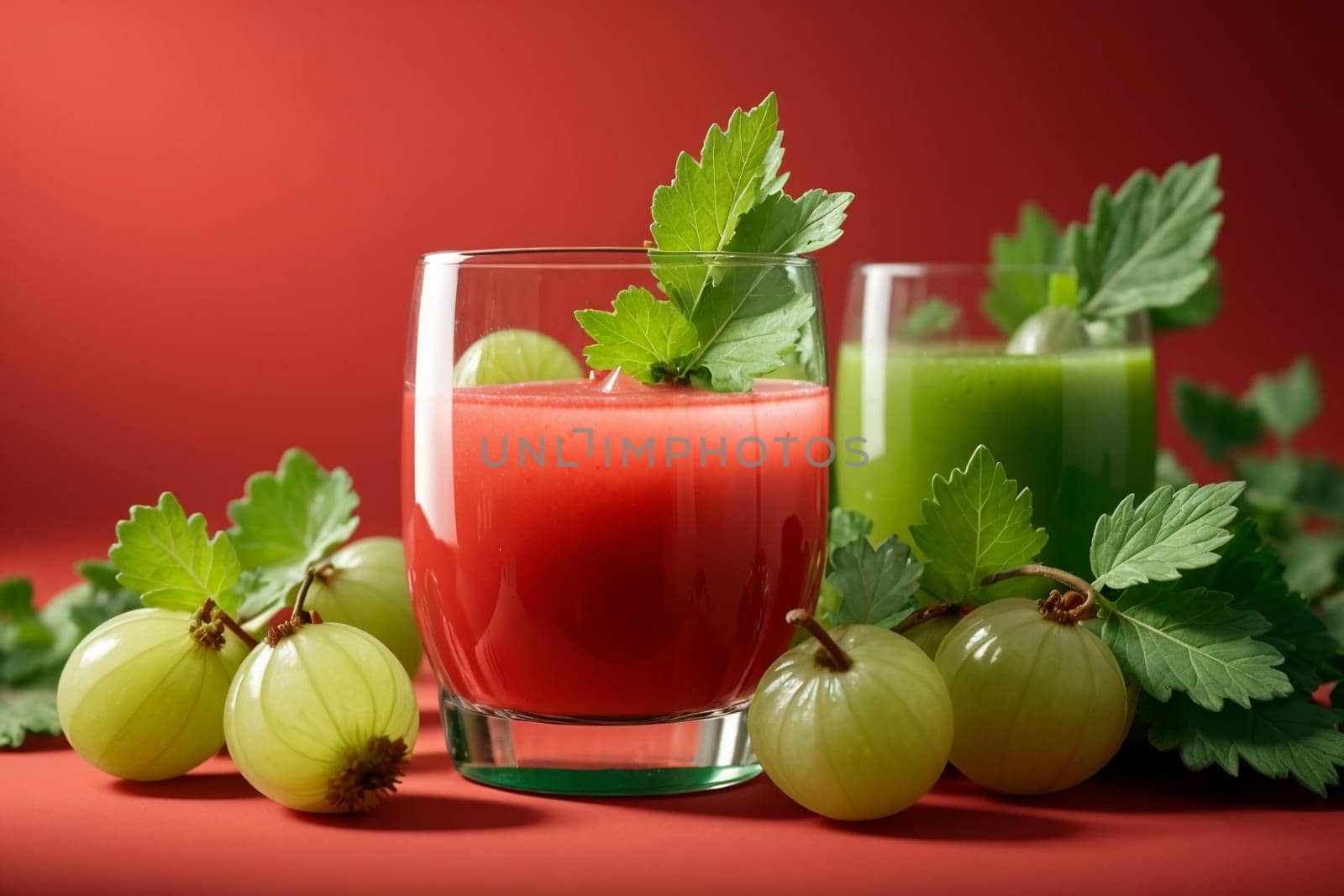 gooseberry juice in a glass isolated on a red background .