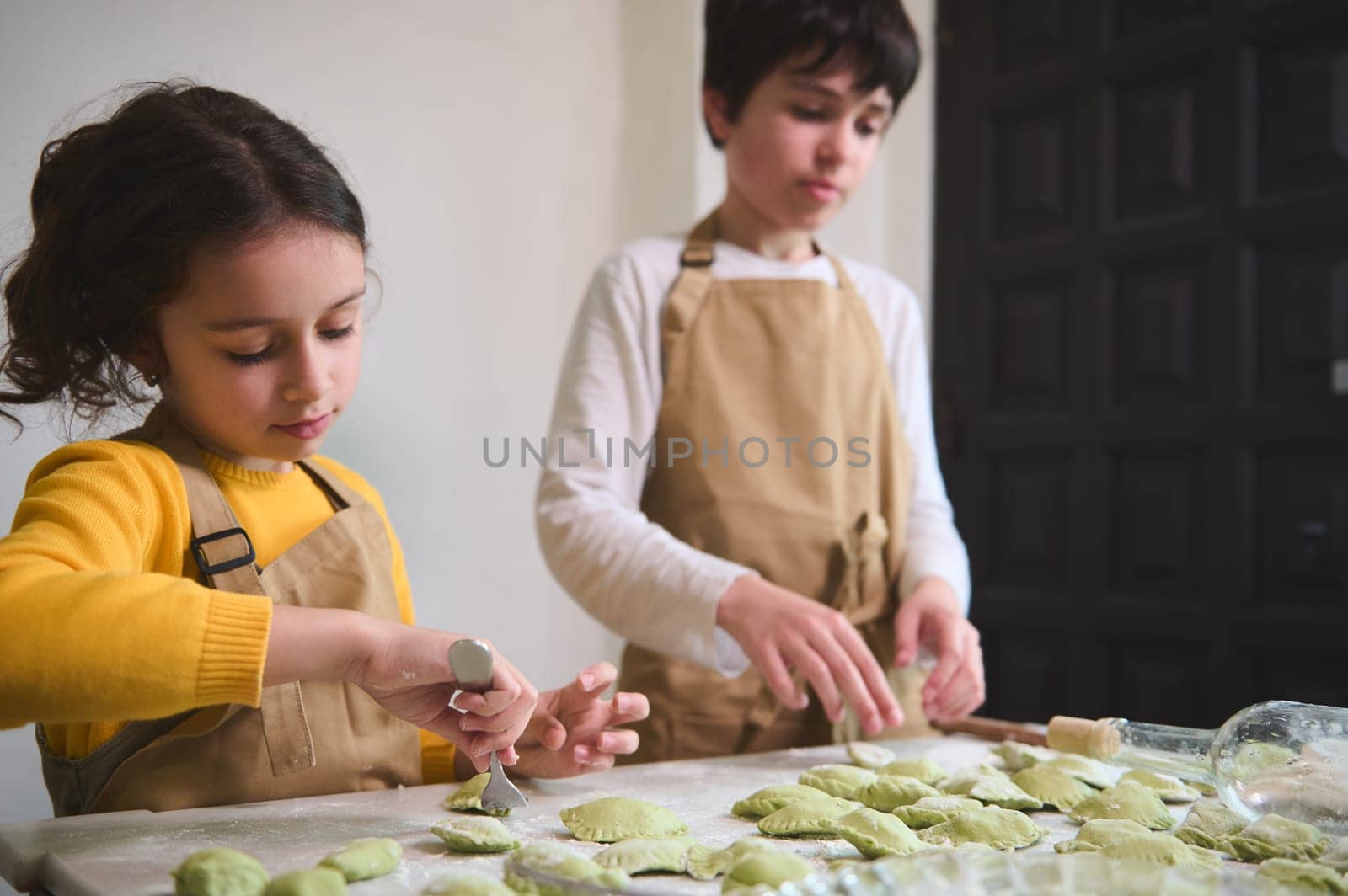 Brother and sister in beige chef's aprons, stuffing rolled dough rounds, making dumplings in the rural house kitchen interior. Adorable kids preparing dinner, learning the culinary at home by artgf