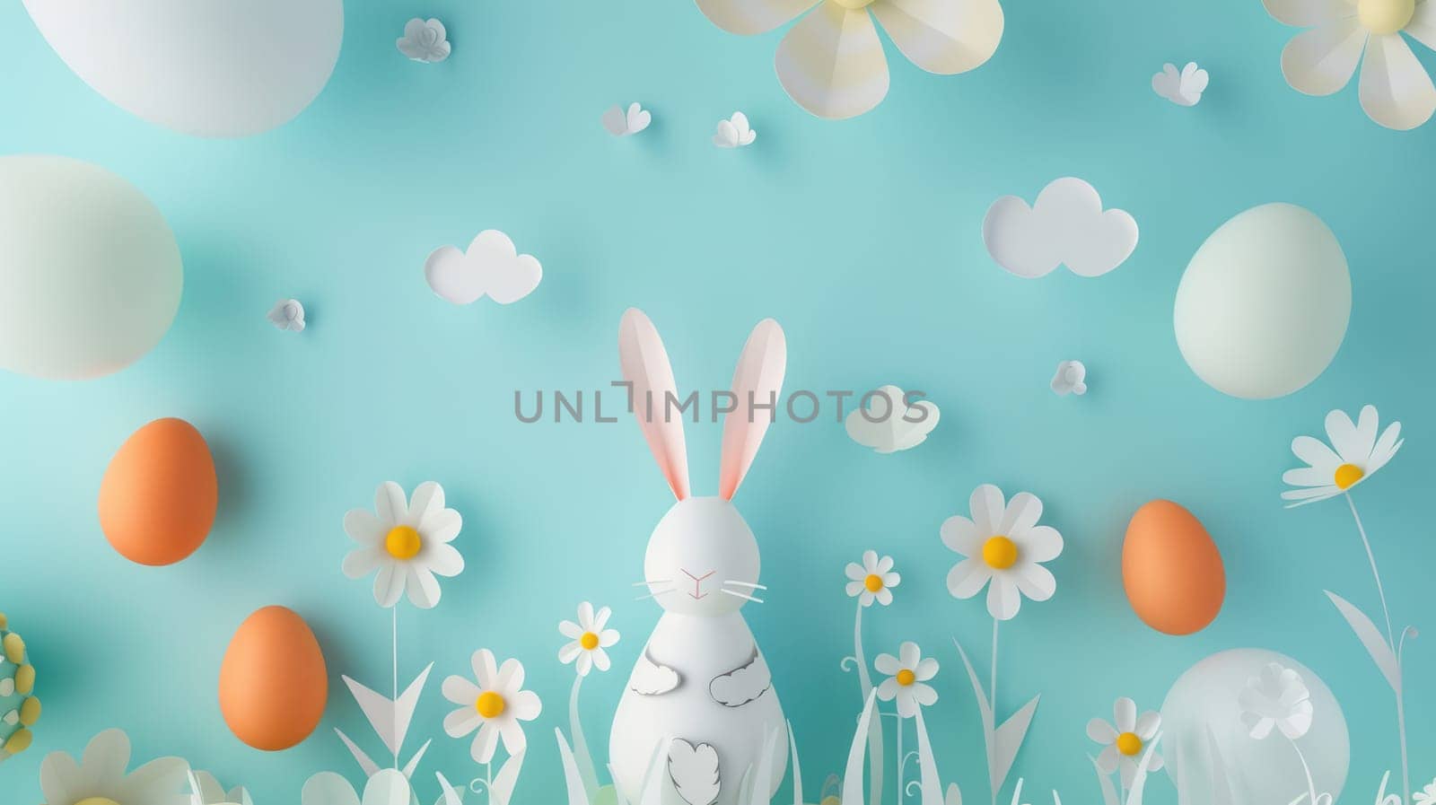 A paper rabbit surrounded by eggs, clouds, flowers, and balloons AIG42E by biancoblue