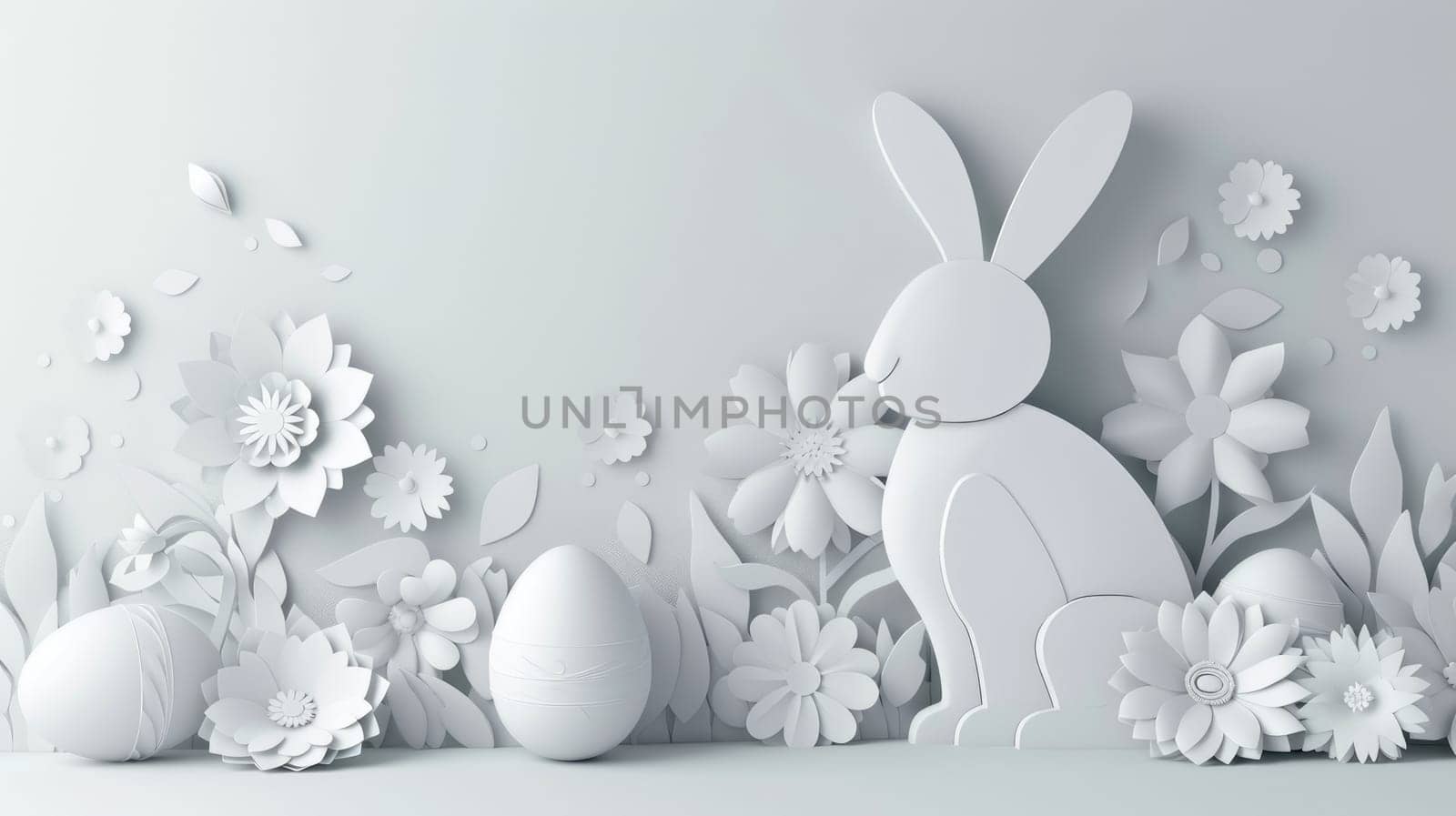 Paper cut rabbit with eggs and flowers on backdrop AIG42E by biancoblue