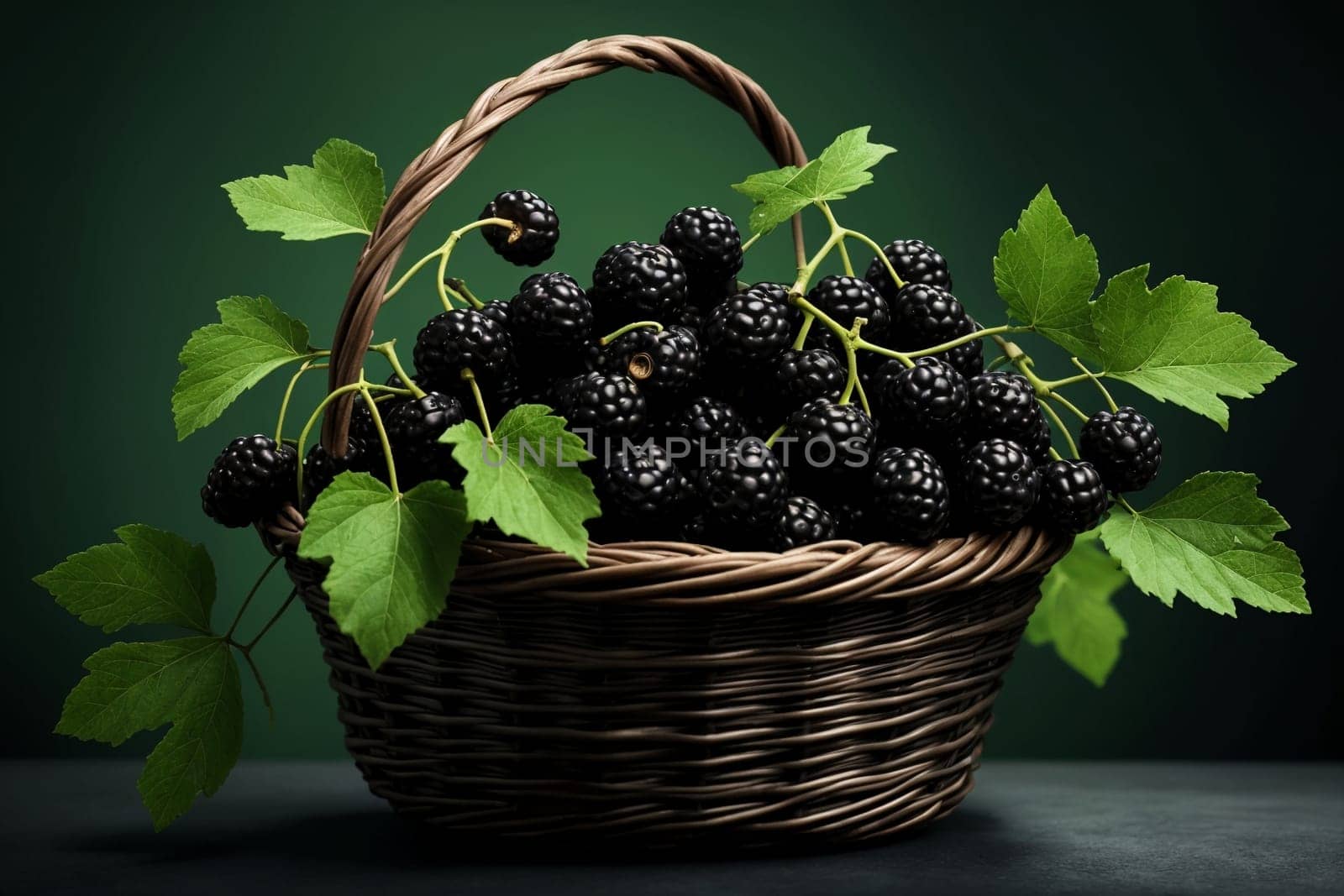 fresh mulberry in basket isolated on green background .
