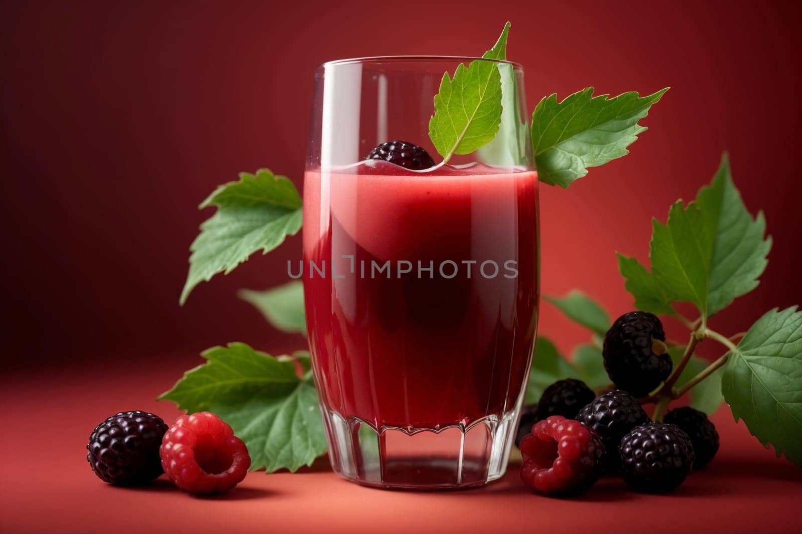 mulberry juice in a glass isolated on a red background .