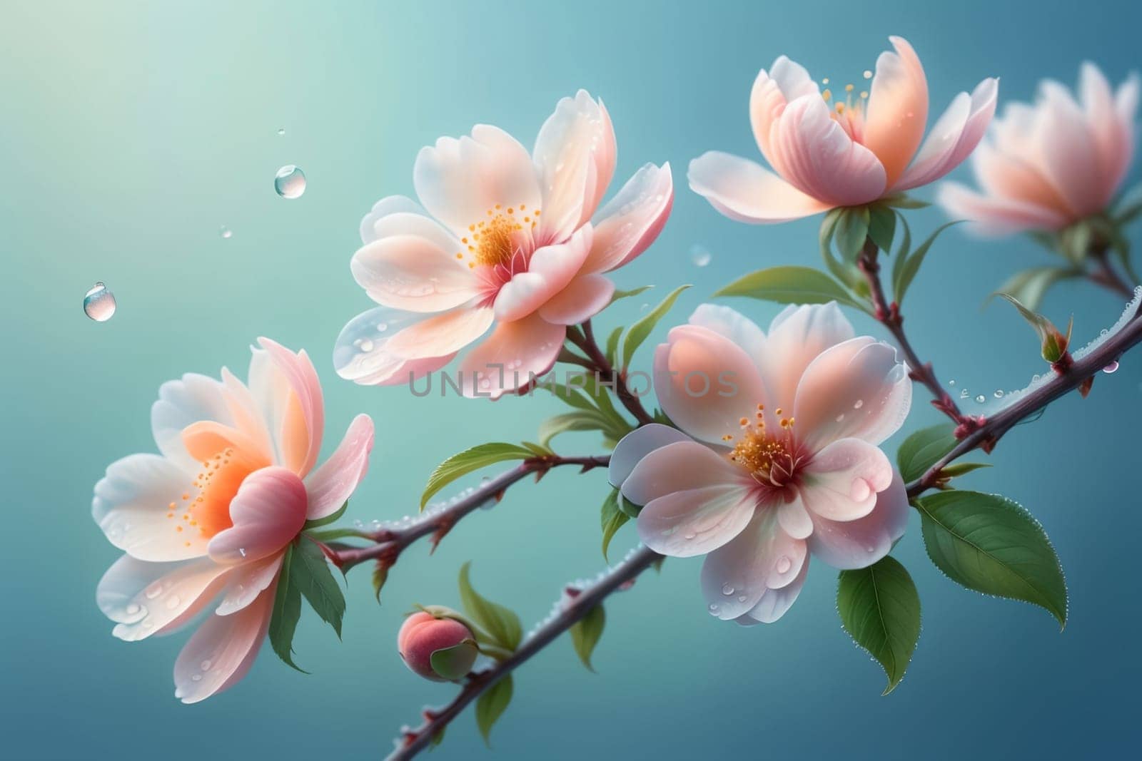 blooming pink peach flowers on a blue background.