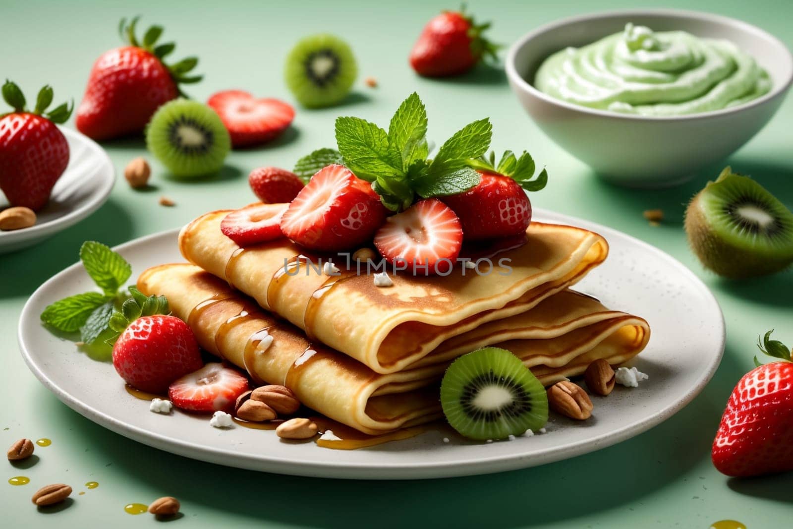 thin pancakes with fresh strawberries, kiwi, cottage cheese, in a plate .