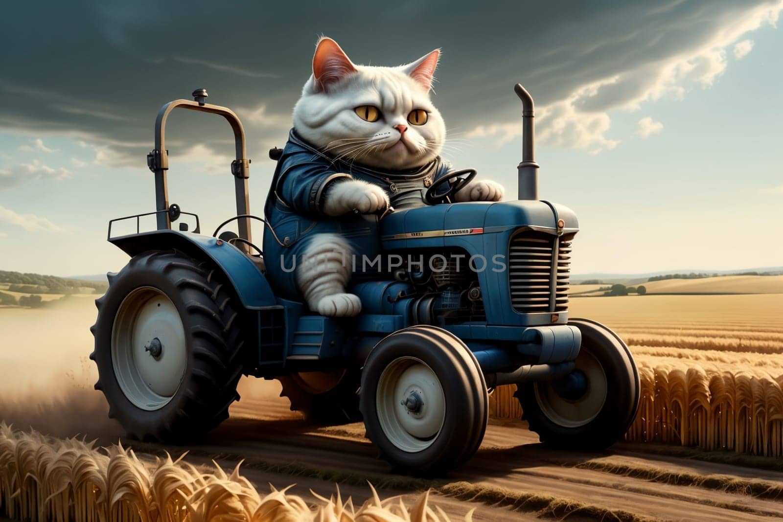 hardworking cat driving a tractor in the field, tractor driver .