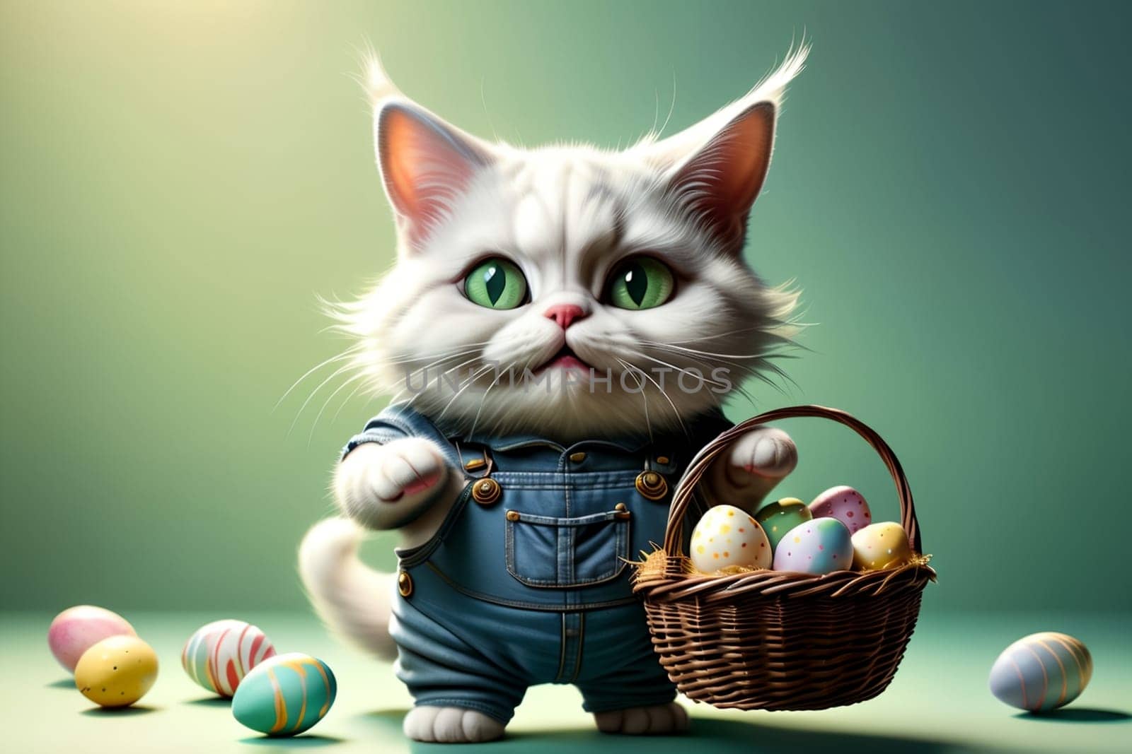 cute cat with Easter eggs in a basket, isolated on a green background .