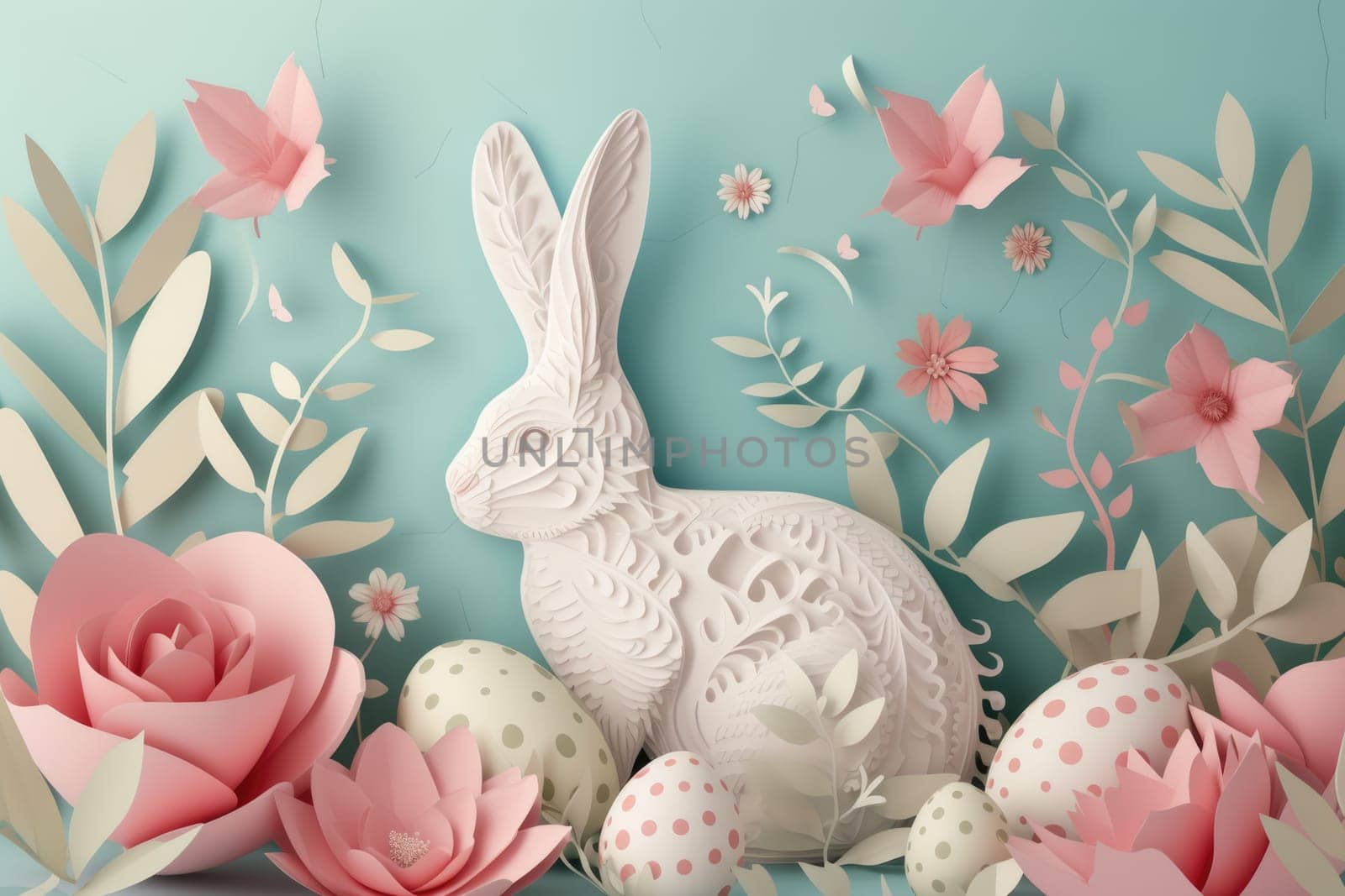 Paper cut rabbit with eggs and flowers on backdrop AIG42E by biancoblue