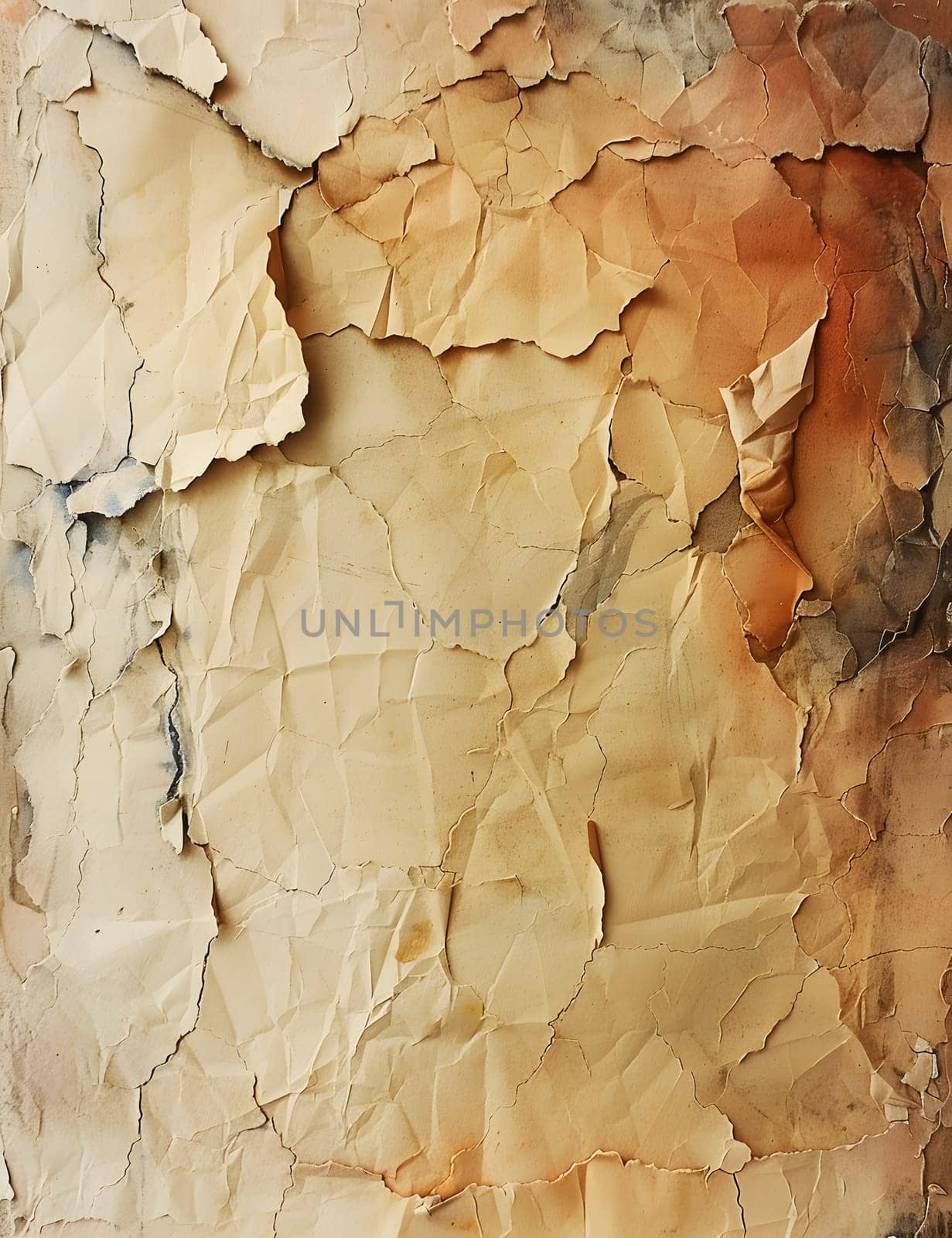 Closeup of peeling paint on brown paper resembles rocky landscape by Nadtochiy