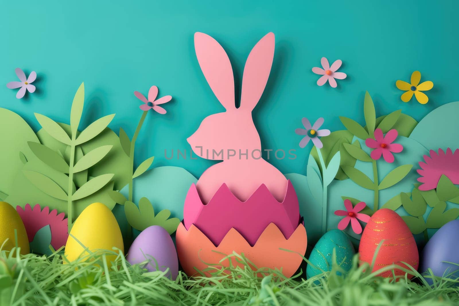 A paper cut bunny surrounded by flowers, eggs, and grass in a natural landscape AIG42E by biancoblue