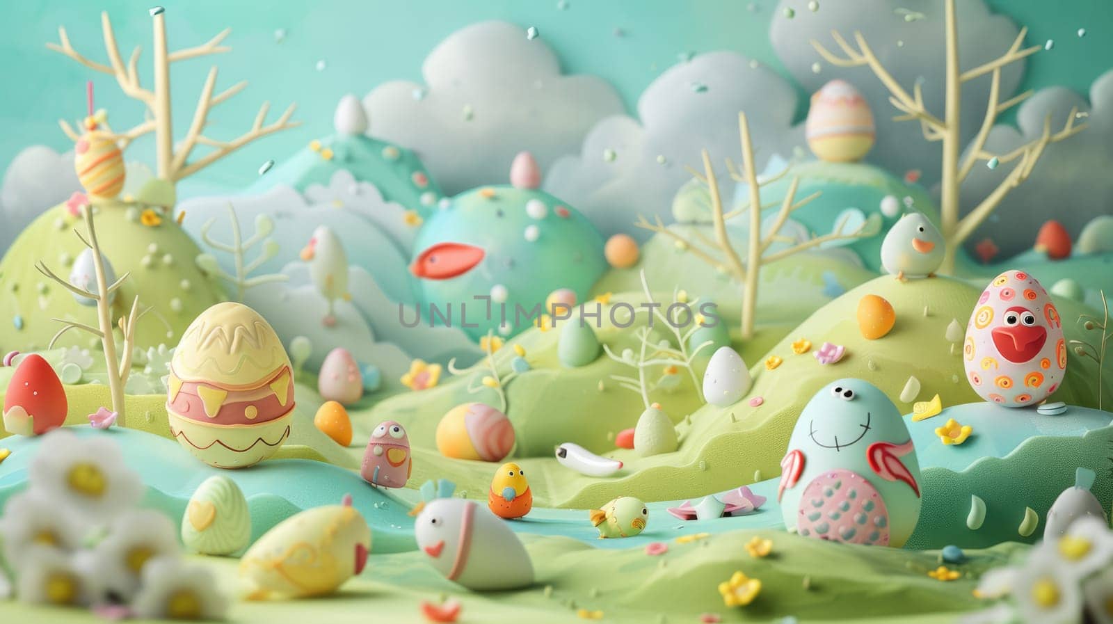 A cluster of Easter eggs rest on a grassy hill, surrounded by natures beauty AIG42E by biancoblue