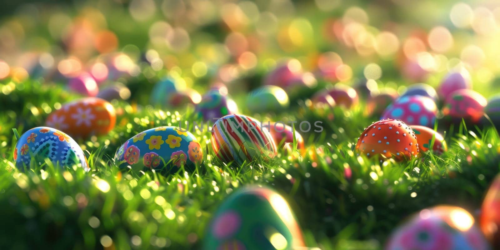A variety of vibrant Easter eggs are displayed on the grass, creating a colorful and festive event. The eggs showcase intricate patterns and are made of natural materials AIG42E