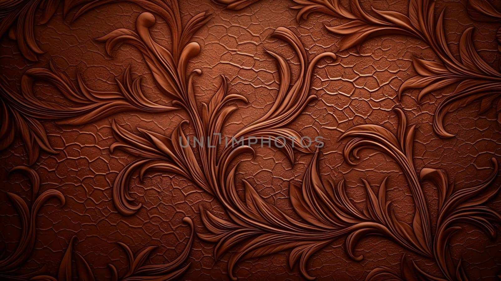 A brown and gold floral wallpaper with a floral design. The wallpaper is ornate and has a warm, inviting feel