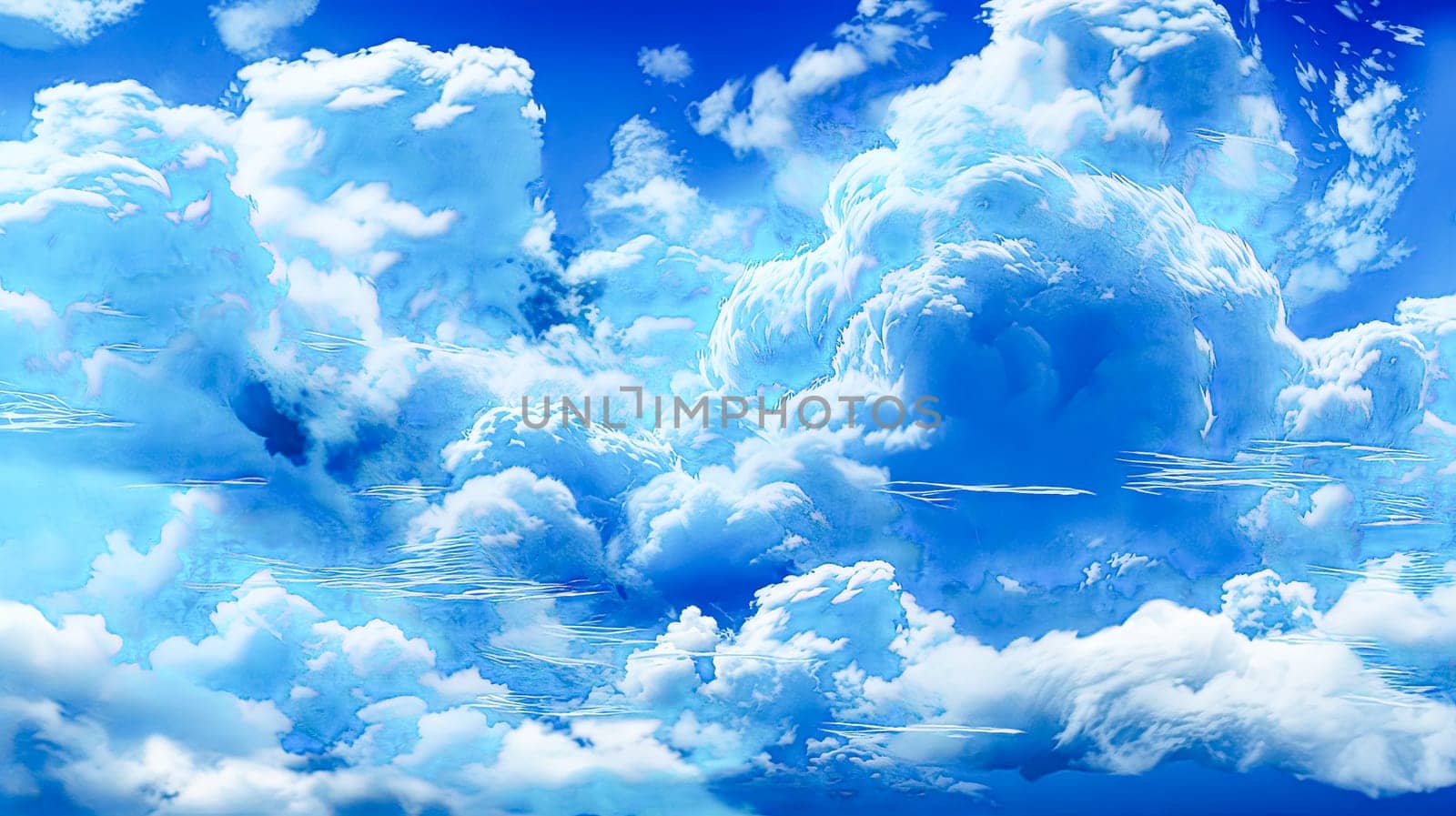 A serene scene captures the beauty of a clear blue sky adorned with fluffy clouds above a tranquil ocean, evoking a sense of peace and serenity.