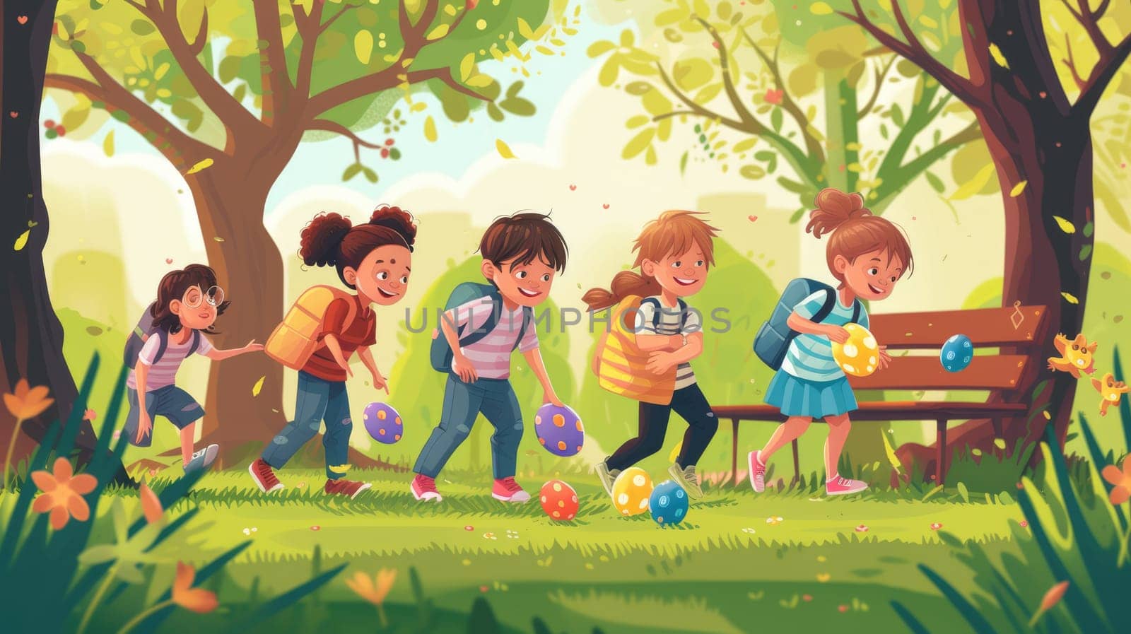 A group of happy children are playing with Easter eggs under a tree in the park, surrounded by green grass. They laugh and have fun, like characters in a cartoon AIG42E