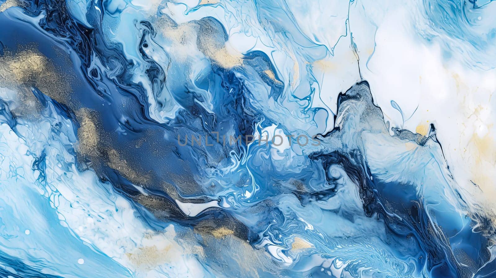 A blue ocean with gold accents. The blue and gold colors create a sense of depth and movement, as if the waves are constantly shifting and changing. The painting evokes a feeling of calmness