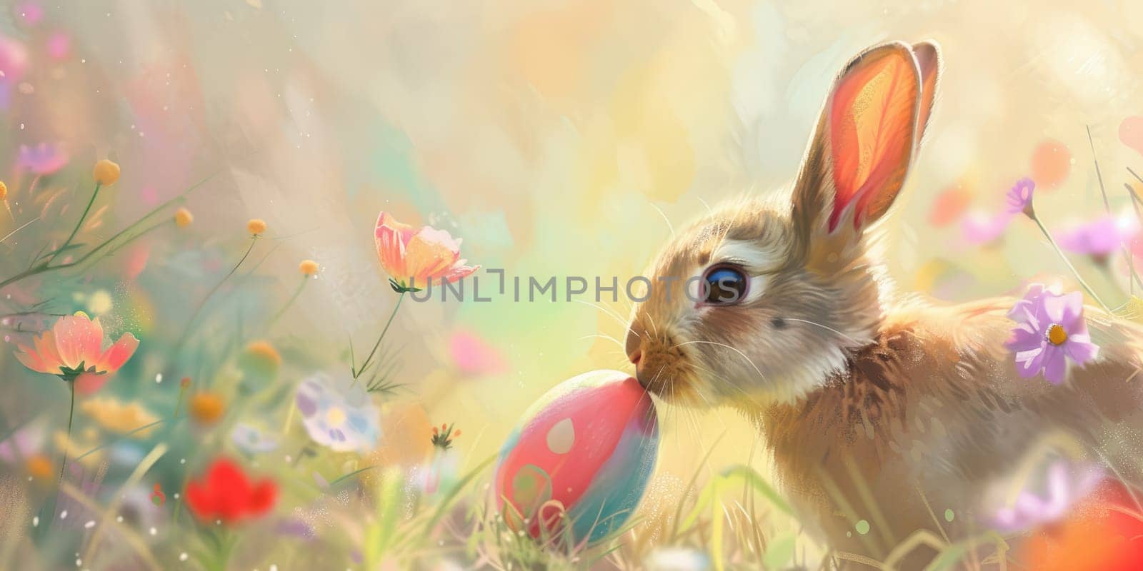 Two rabbits, one fawn and one wood rabbit, are holding an Easter egg in their mouths. This adorable wildlife painting captures the Easter event perfectly AIG42E