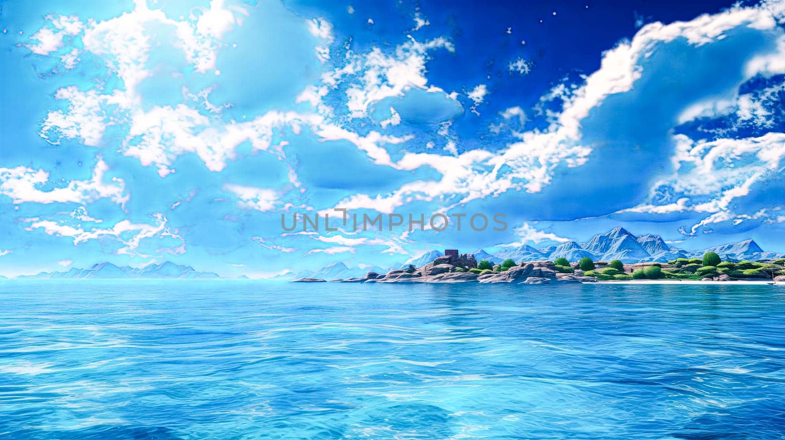 A serene scene captures the beauty of a clear blue sky adorned with fluffy clouds above a tranquil ocean, evoking a sense of peace and serenity.