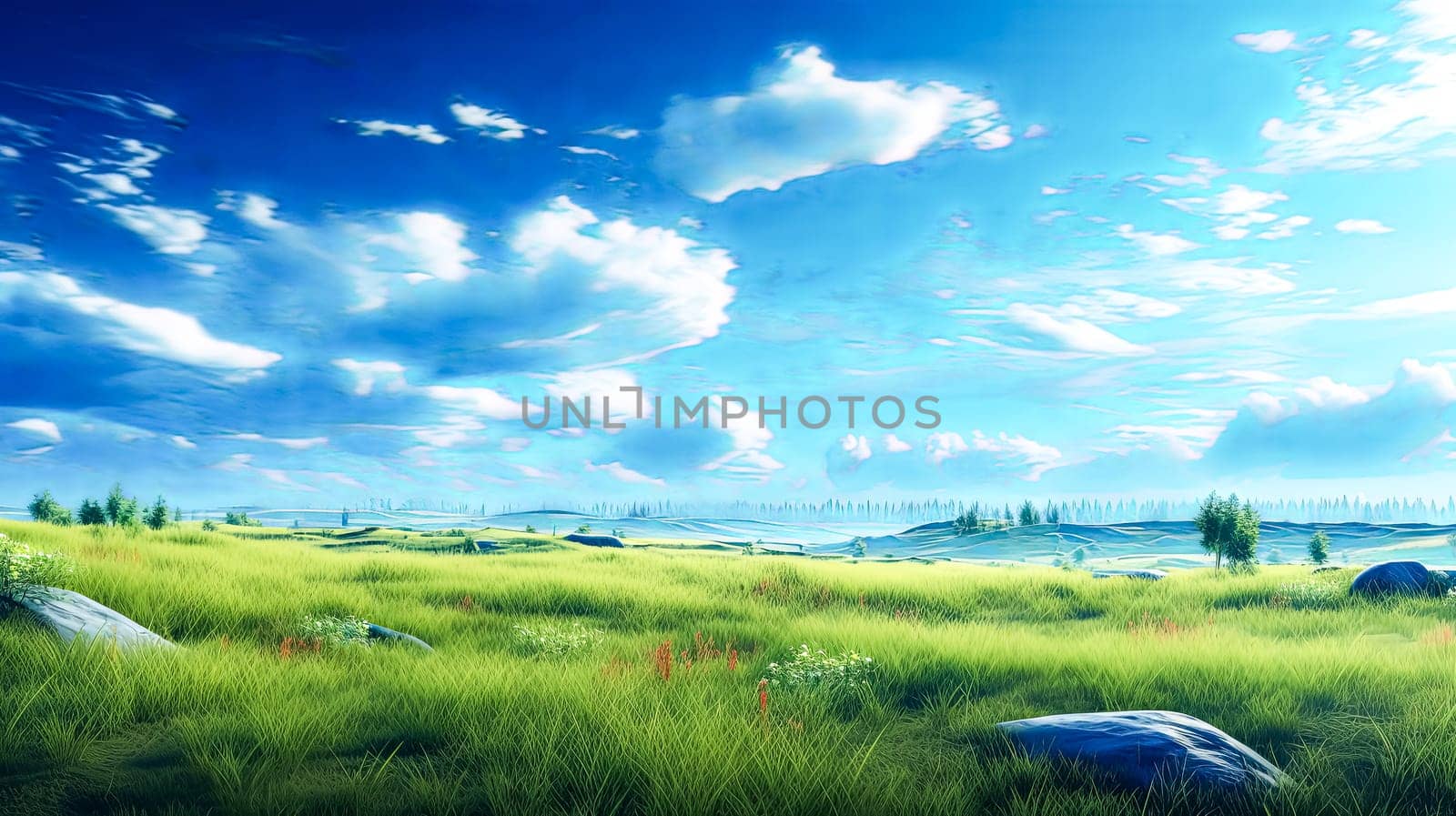 A large field of grass with a few trees in the background. The sky is blue with some clouds