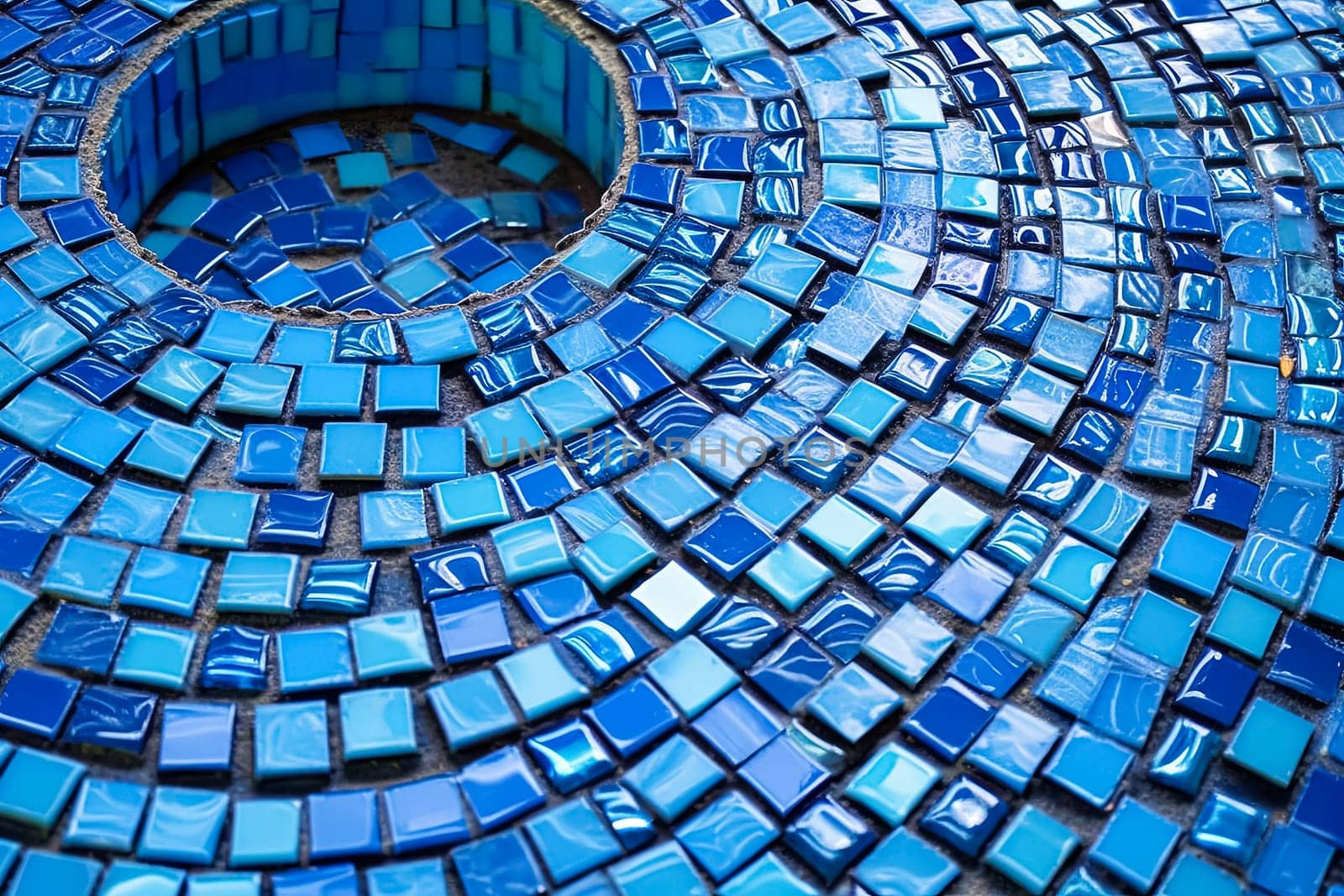 A blue mosaic tile wall with a blue and white swirl pattern. The tiles are blue and white and are arranged in a way that creates a sense of movement and depth
